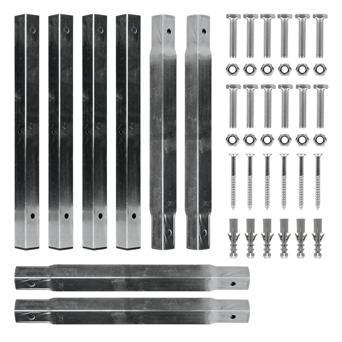 Bouwcomponenten voor rekken, inclusief metalen stangen en schroeven.
