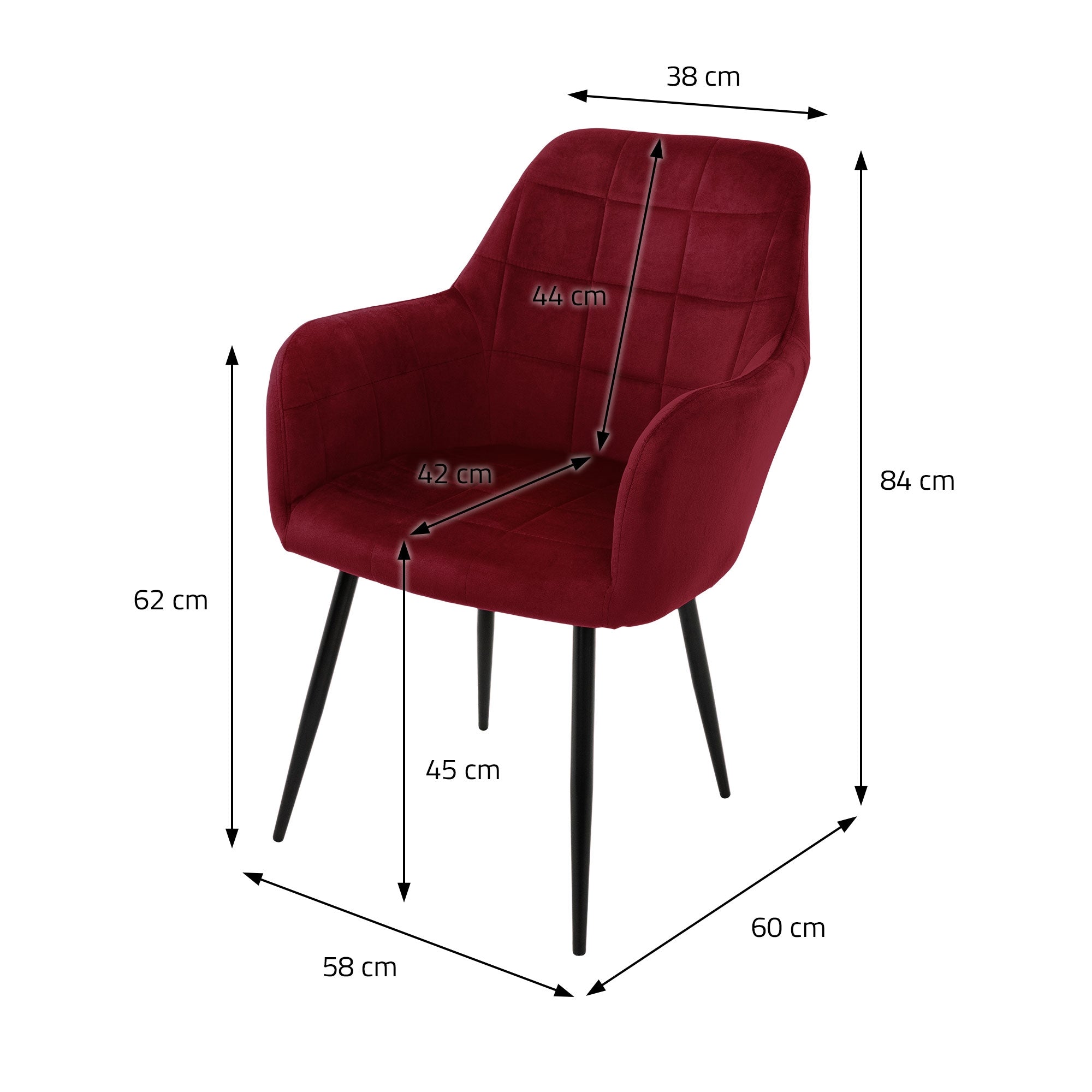 Roter Stuhl mit Maßangaben: Höhe 84 cm, Breite 60 cm, Sitztiefe 45 cm.