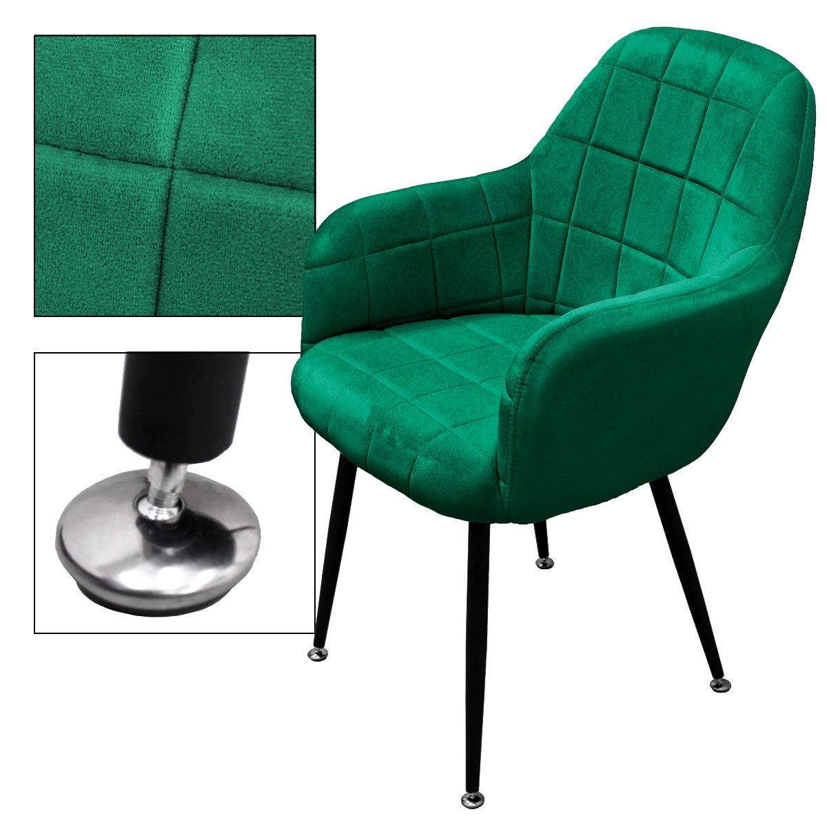Nahaufnahme eines grünen Stuhls mit gepolsterter Sitzfläche und verchromtem Fuß.