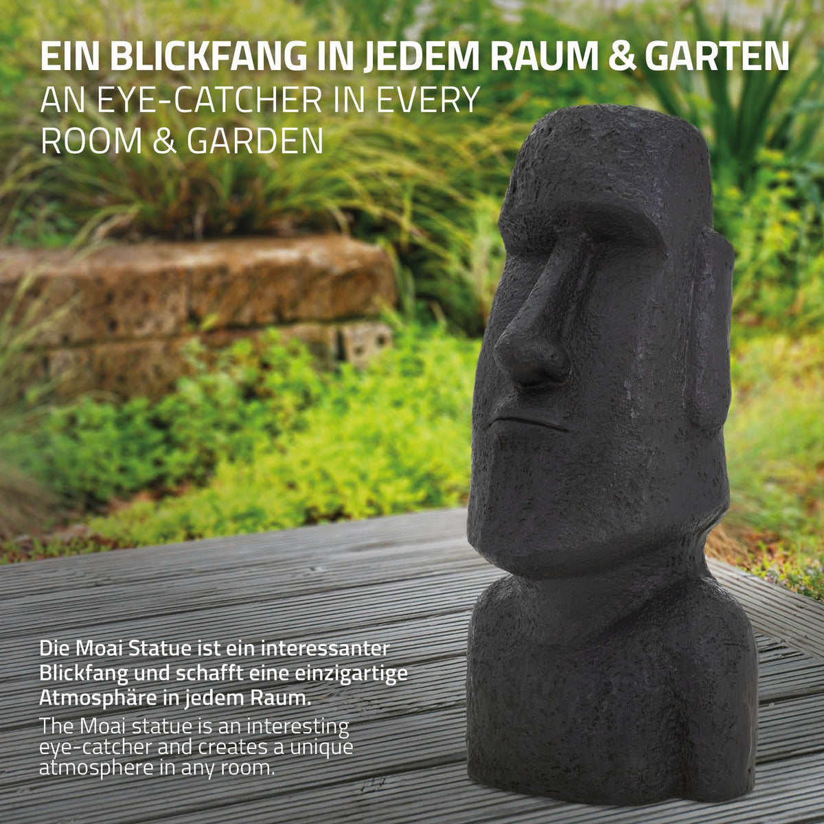 Moai Statue auf Holzuntergrund mit Beschreibung über ihre Eigenschaften.