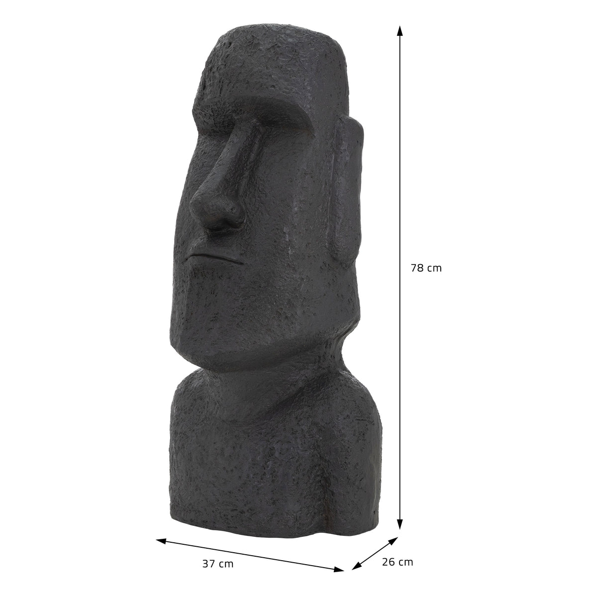 Moai Rapa Nui Statue mit Maßangaben in Schwarz auf hellem Hintergrund.