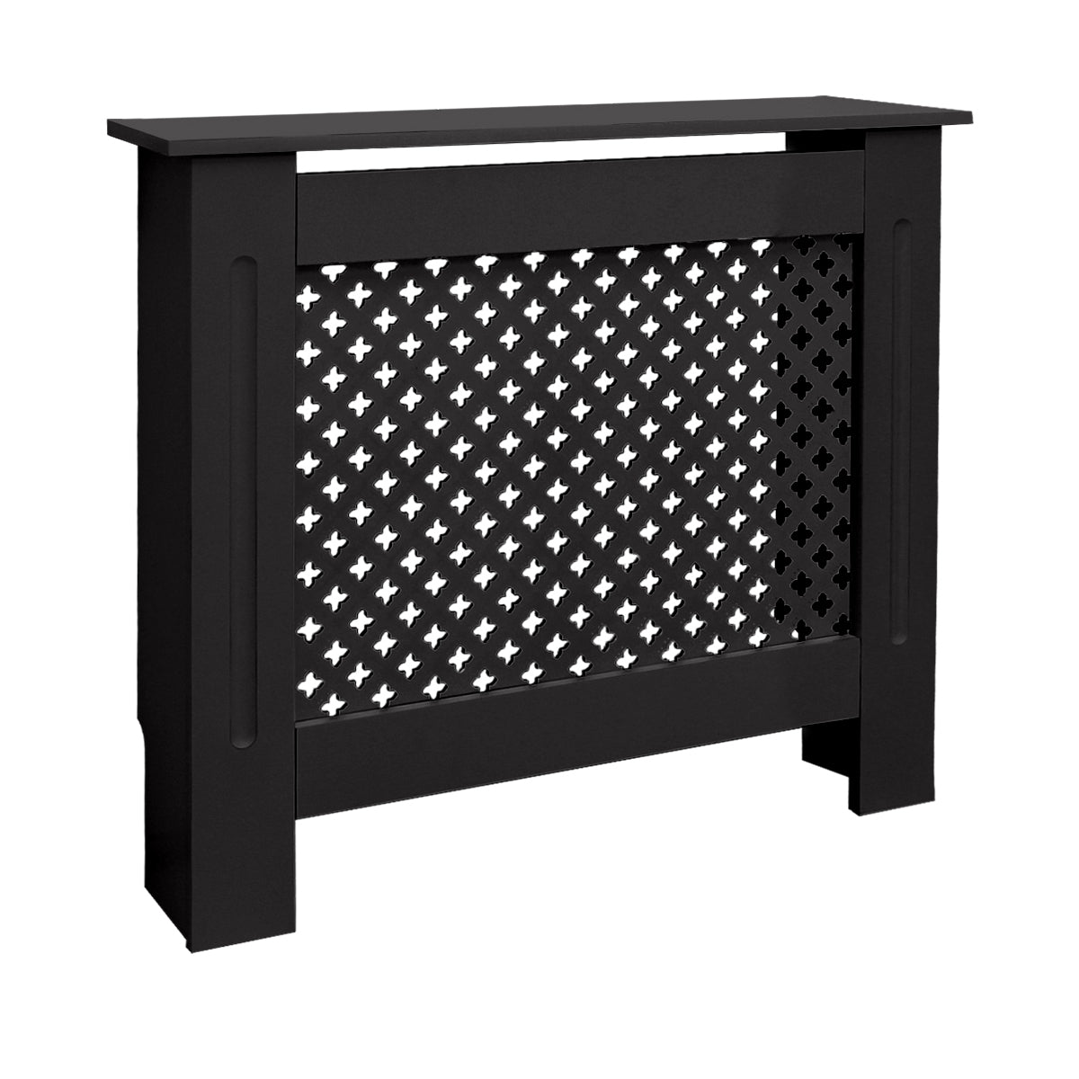 Schwarze Heizkörperverkleidung mit geometrischem Muster.
