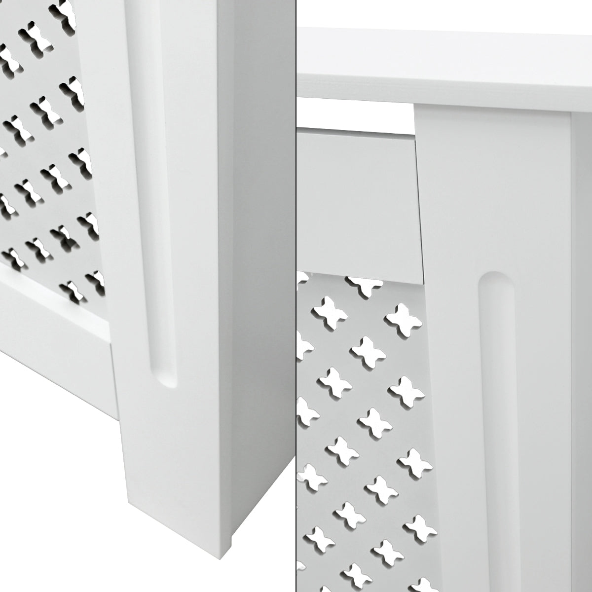 Detailansicht einer weißen Heizkörperverkleidung mit geometrischem Muster.
