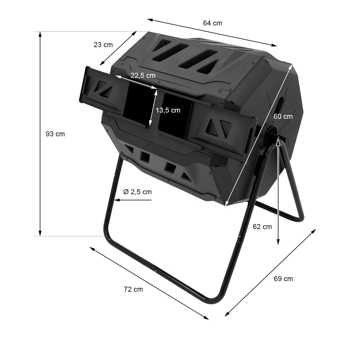 Un conteneur à compost avec des dimensions et un couvercle rotatif.