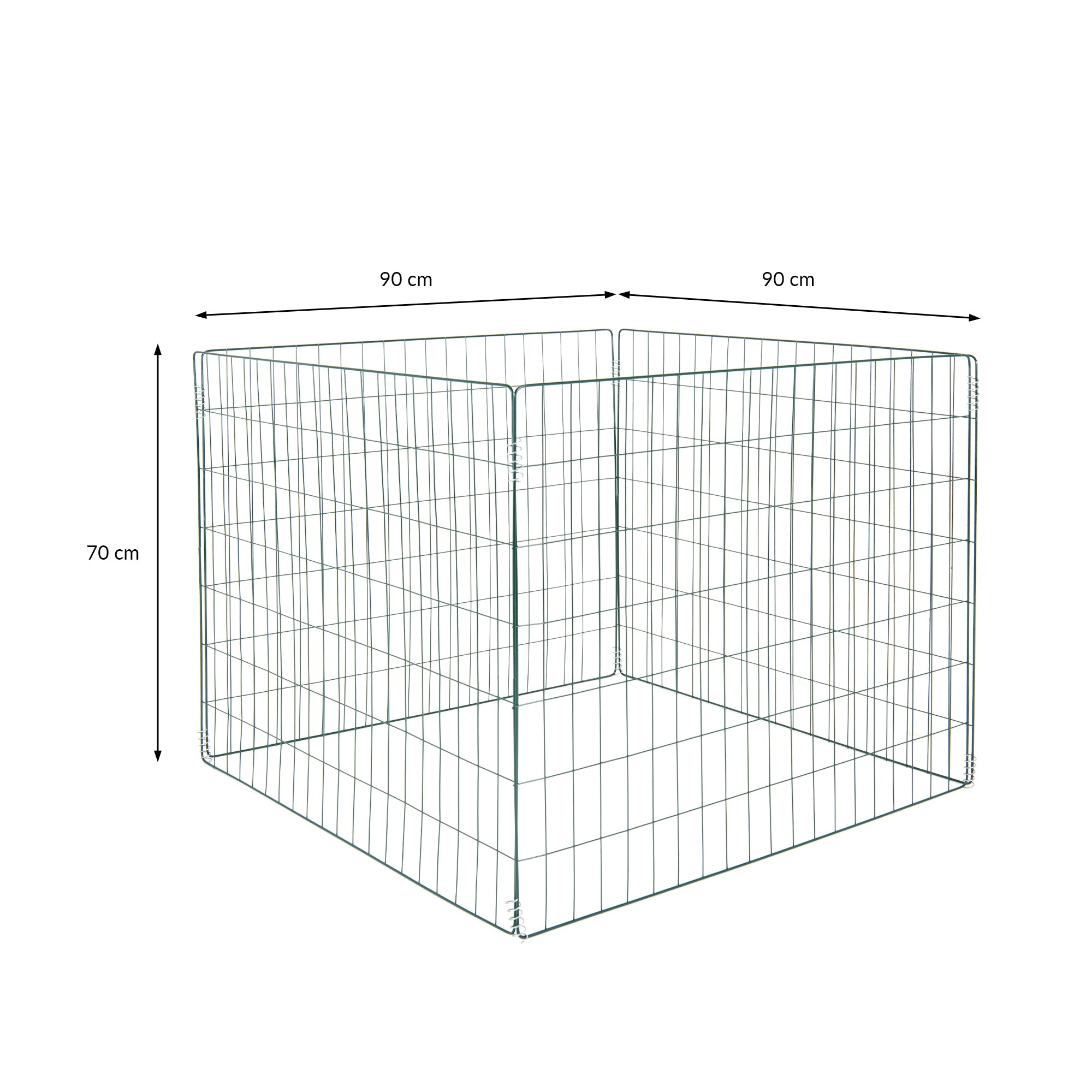 Drahtgitterzaun in quadratischer Form mit Maßen 90 cm x 90 cm x 70 cm.