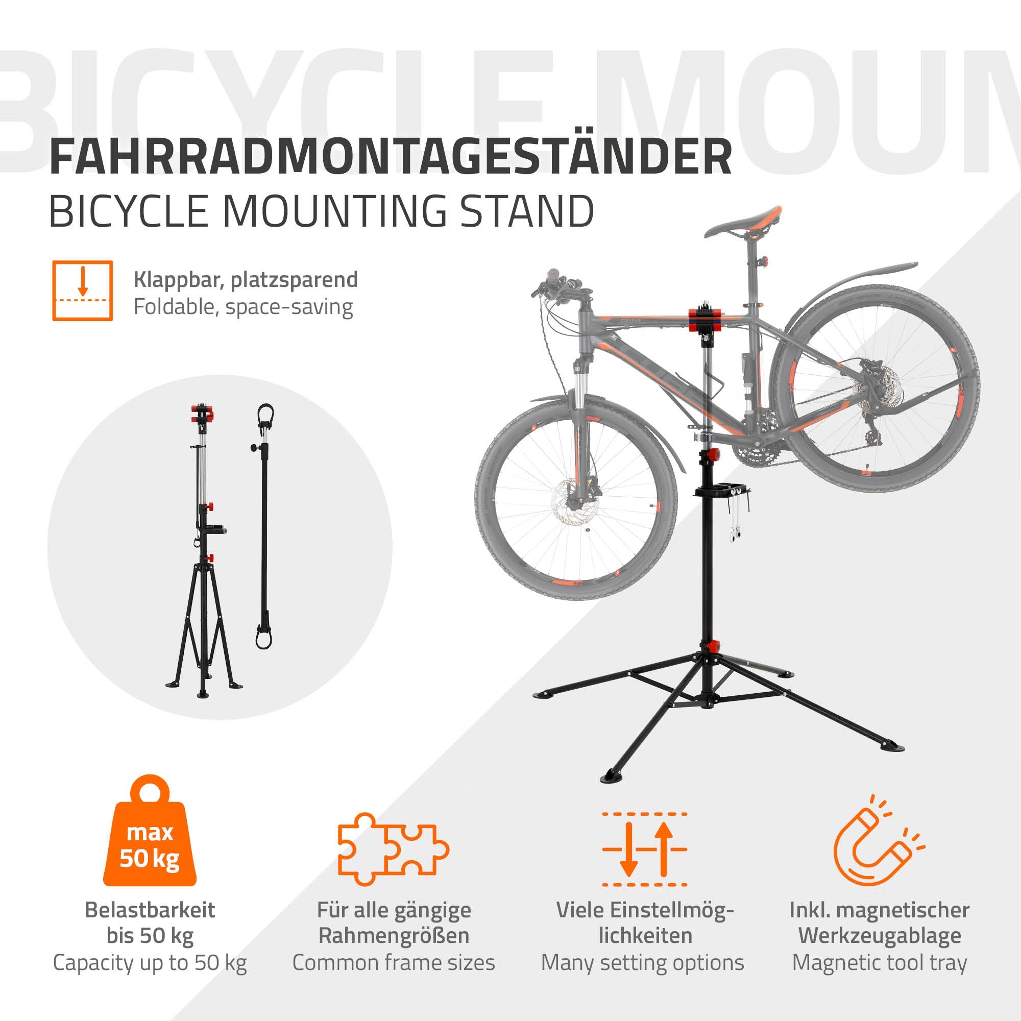 Fahrradmontageständer mit einem Fahrrad, klappbar und platzsparend.