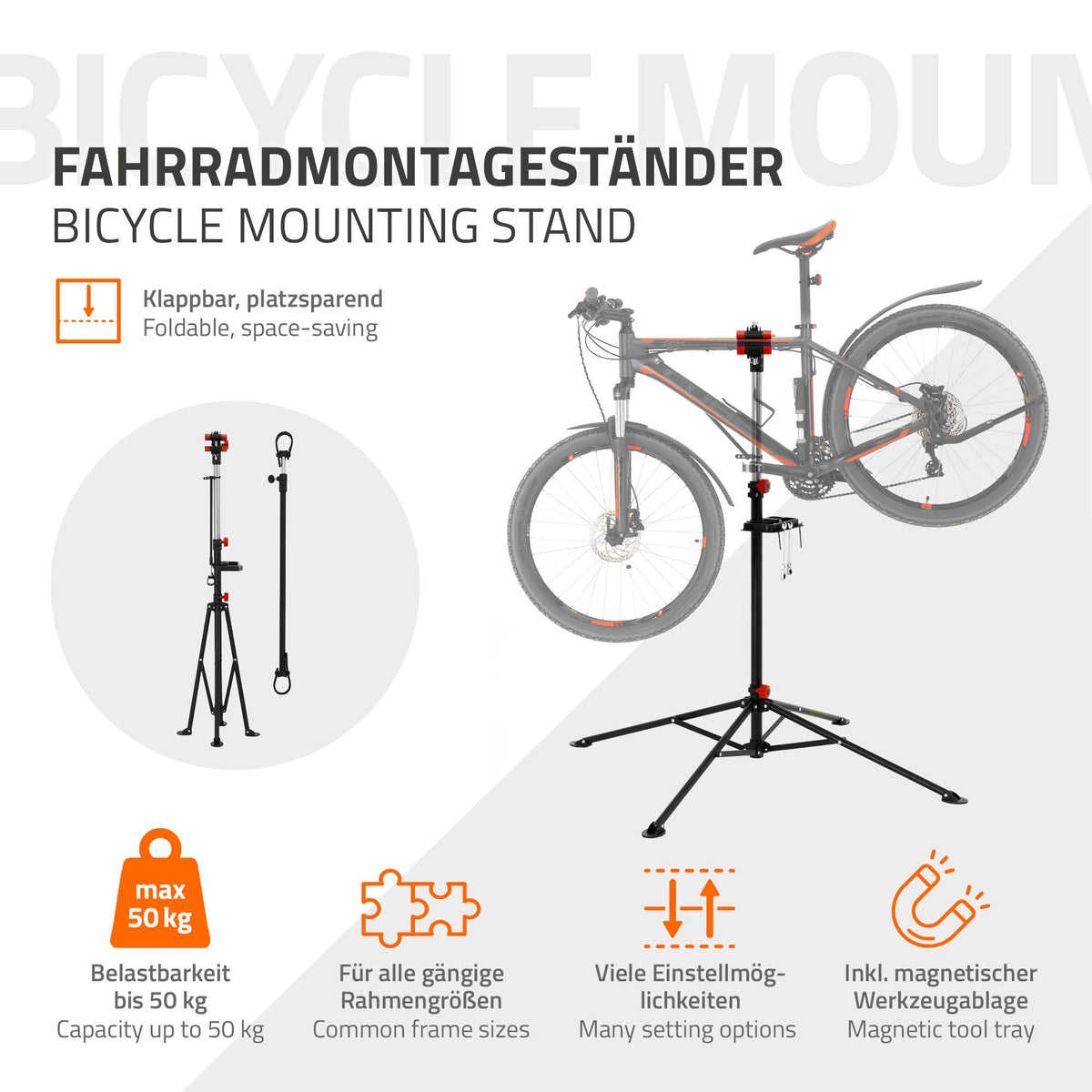 Fahrradmontageständer mit einem Fahrrad, klappbar und platzsparend.
