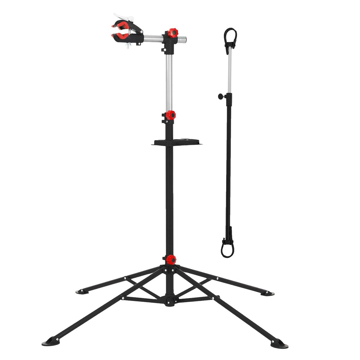 Bicycle repair stand, sturdy, with a clamp and safety strap.