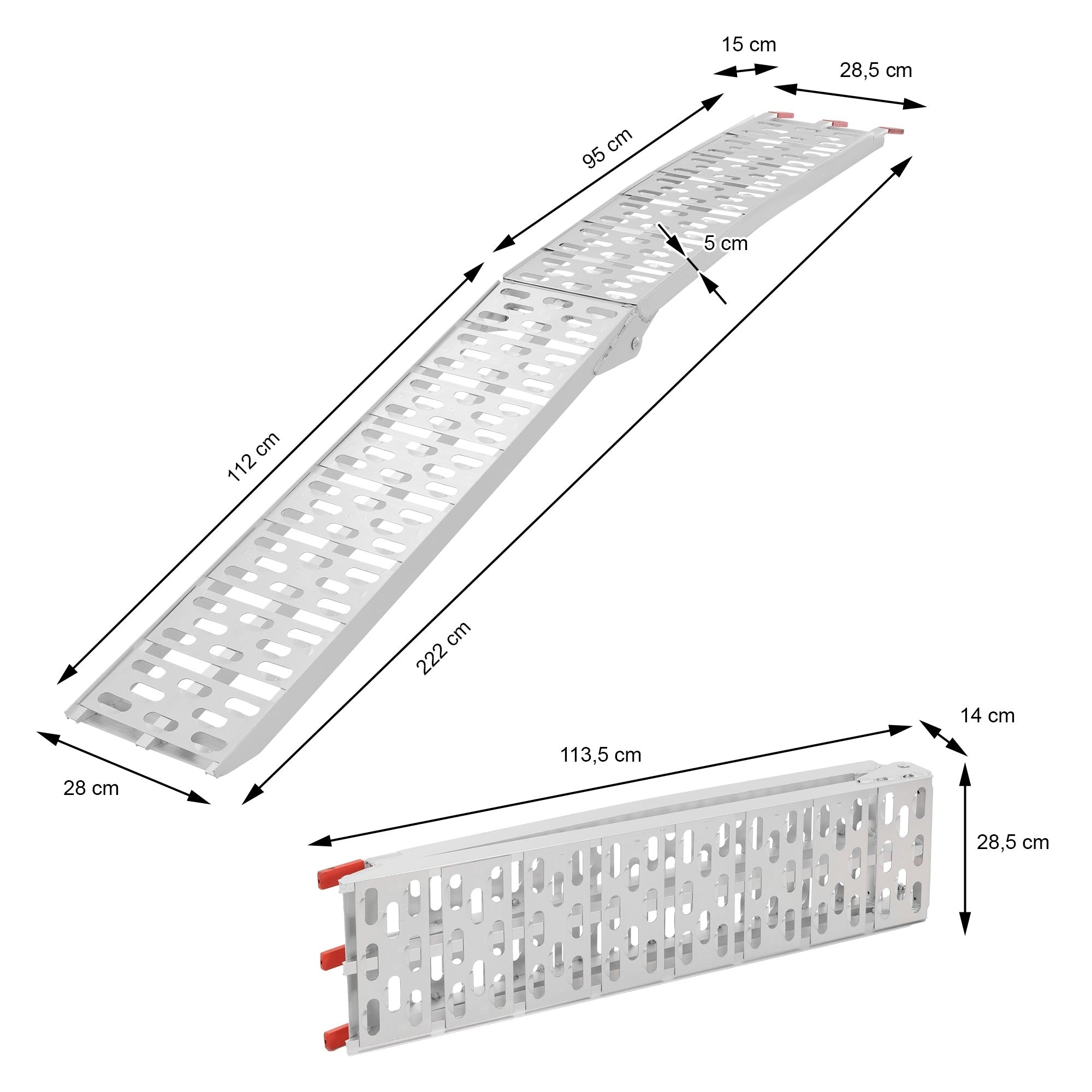 Maatschets van een aluminium ramp met afmetingen.