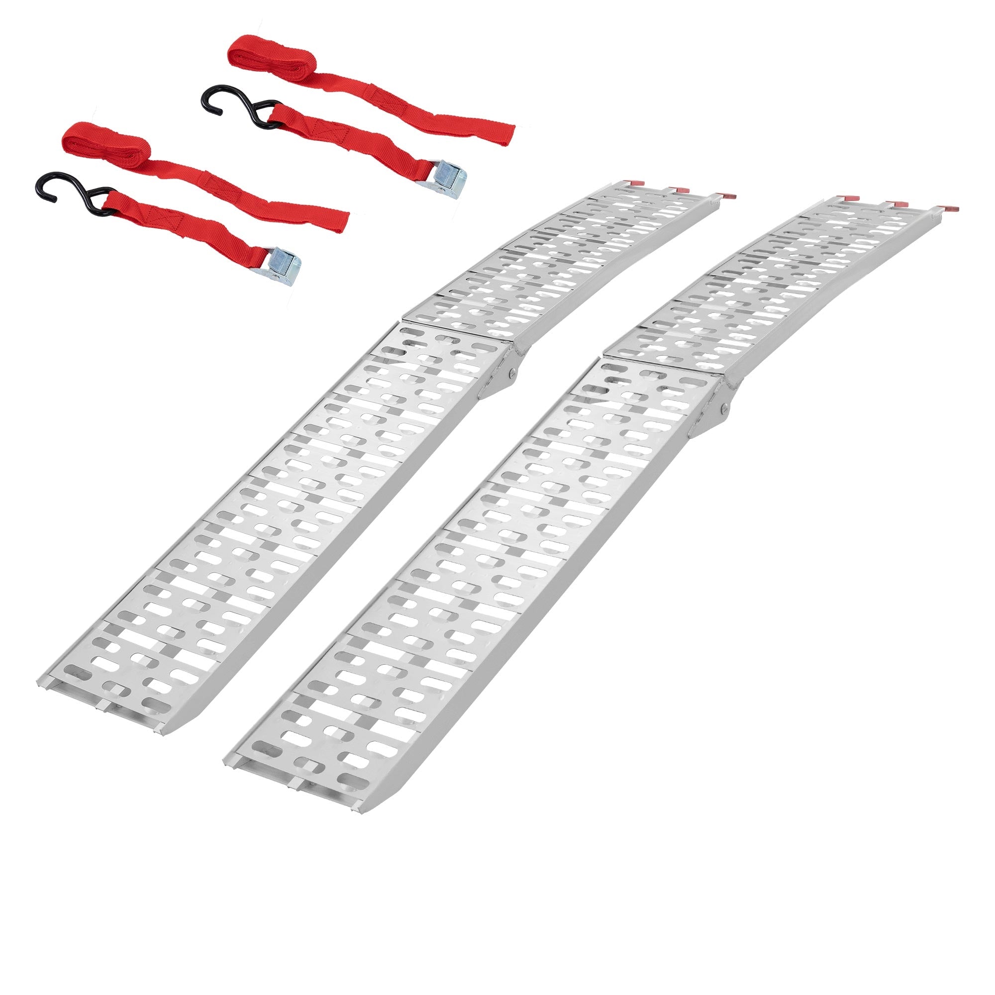Twee aluminium rampen met rode banden en haken.