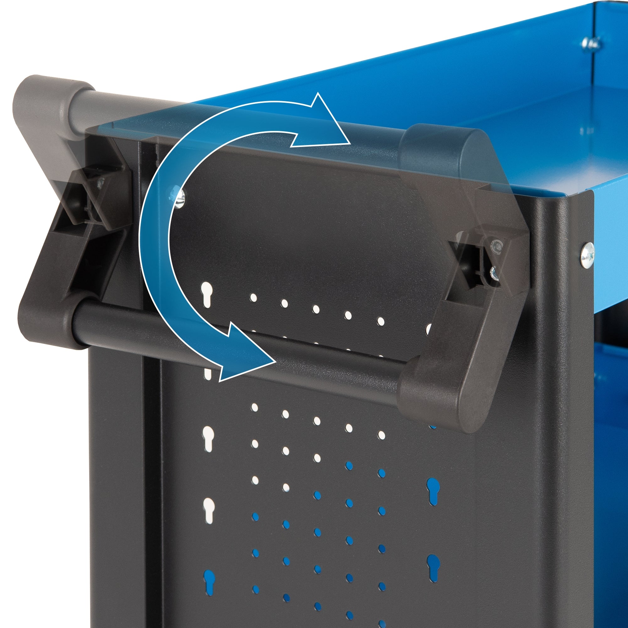Detailansicht eines blauen Handgriffs mit Drehmechanismus.