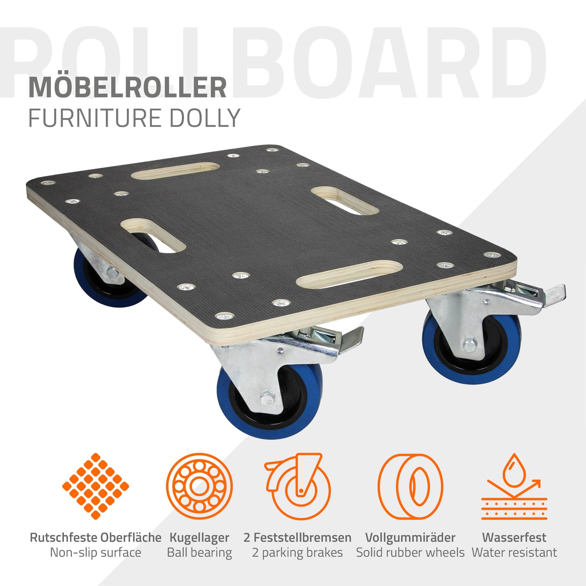 Möbelroller mit rutschfester Oberfläche und vier Rollen.