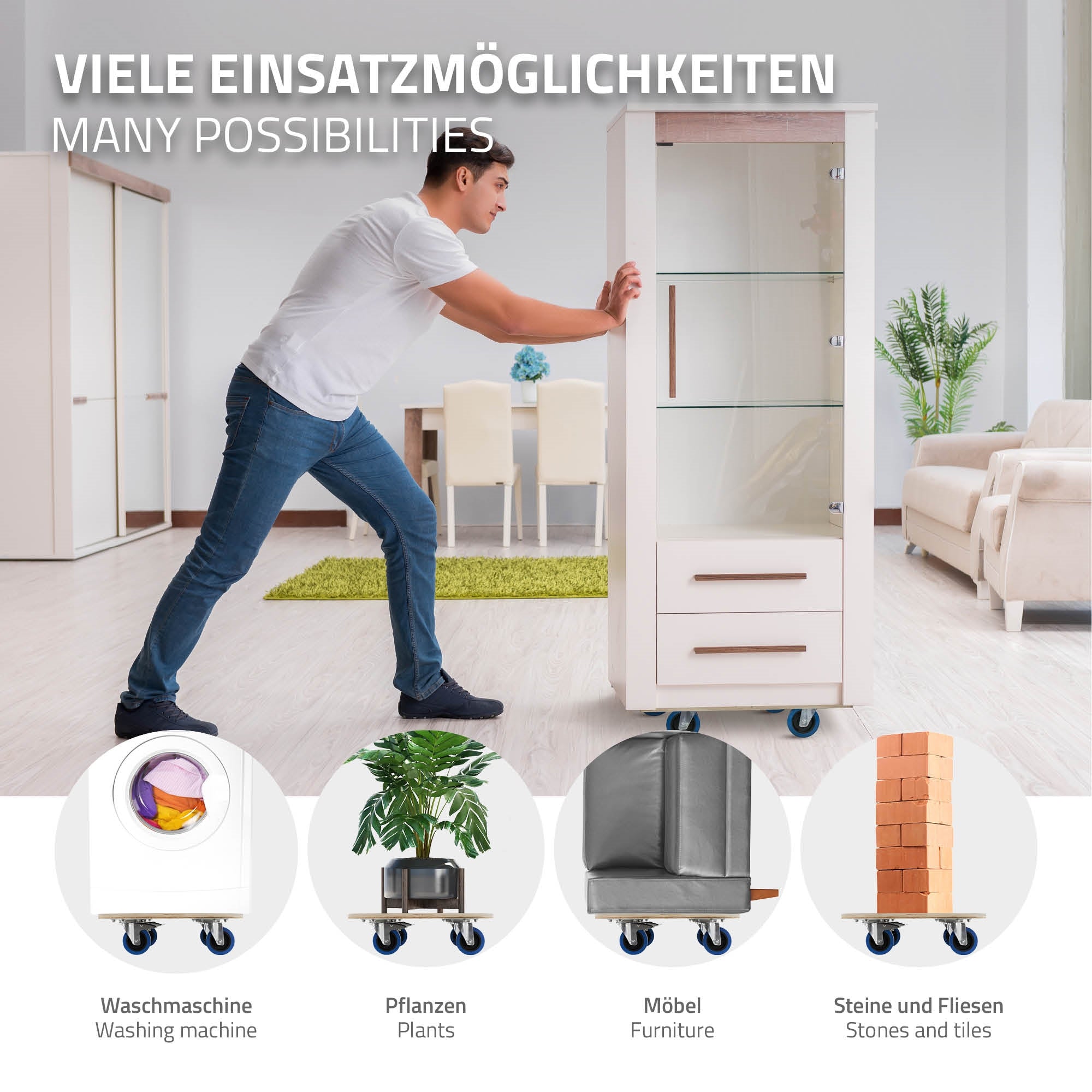 Ein Mann schiebt einen Rollwagen mit Glastüren und Schubladen.