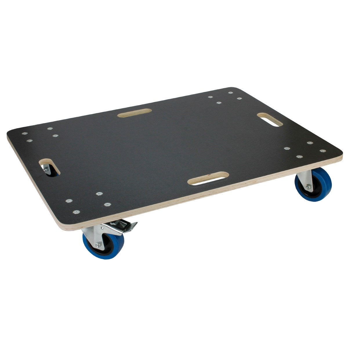Wooden dolly with blue castors and handles.