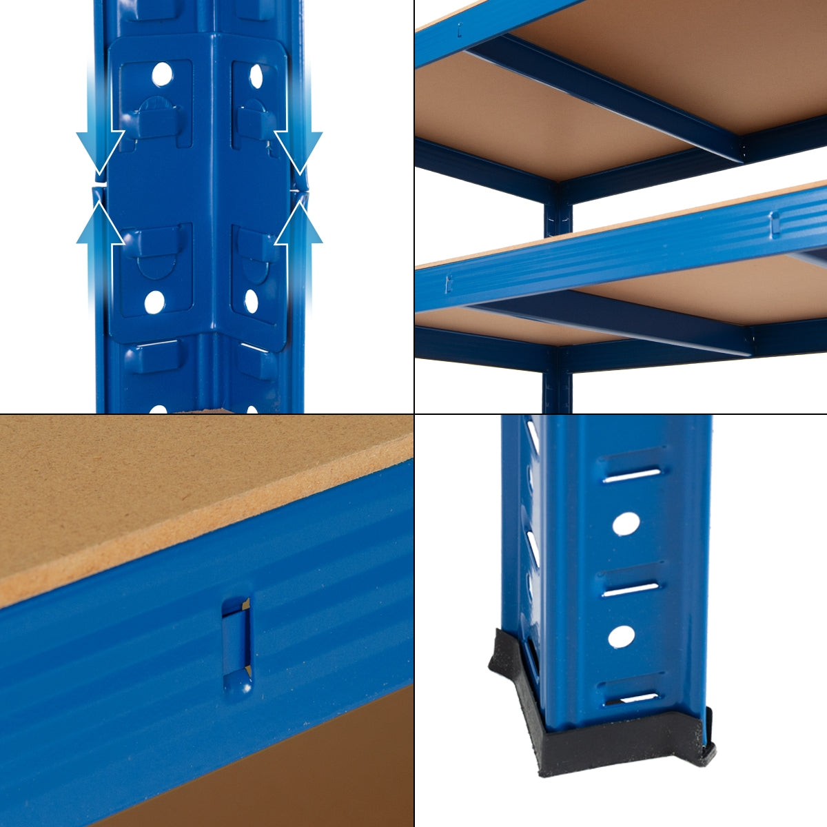 Detailansicht eines blauen Regalgestells mit Ablagen.