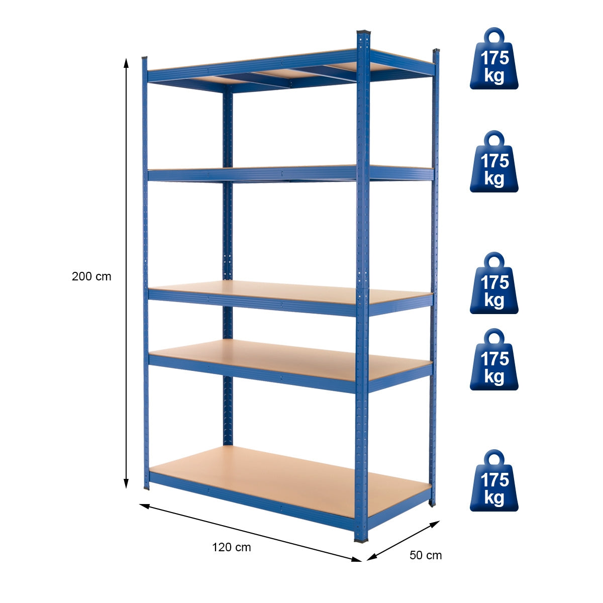 Blaues Regal mit vier Ablagen, Höhe 200 cm, Breite 120 cm, Tragkraft 175 kg pro Ablage.