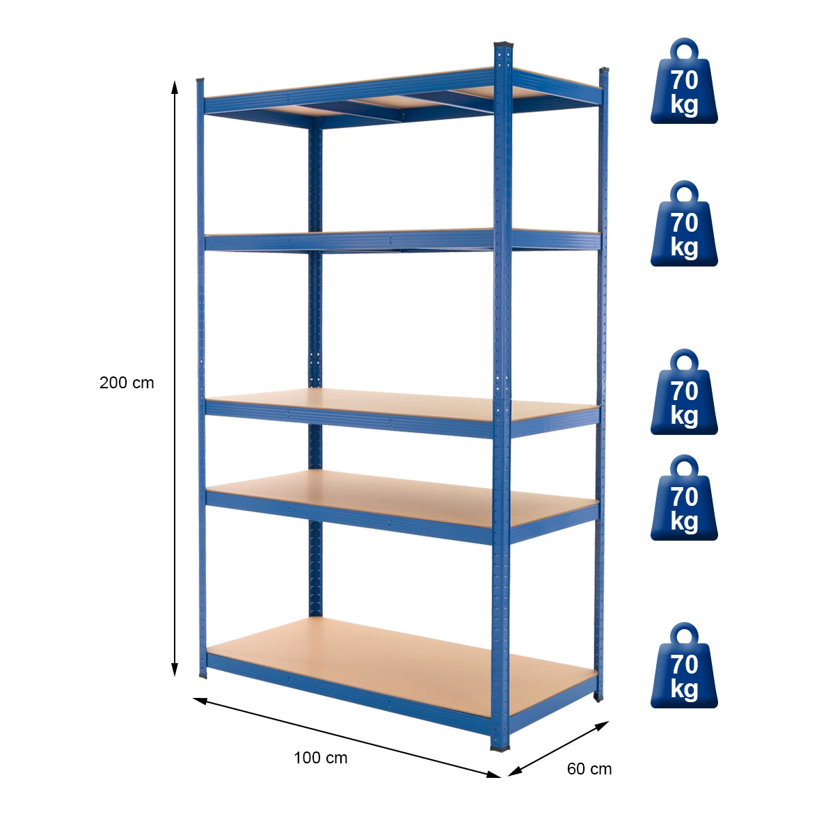 Étagère bleue haute avec quatre étagères et indications de poids.