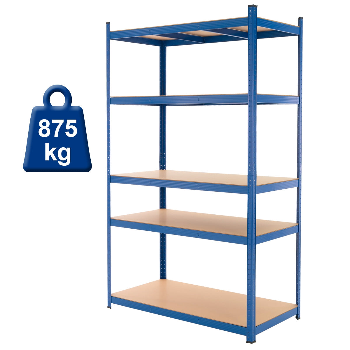 Regal mit vier Ablagen, blaues Gestell, maximale Belastung 875 kg.
