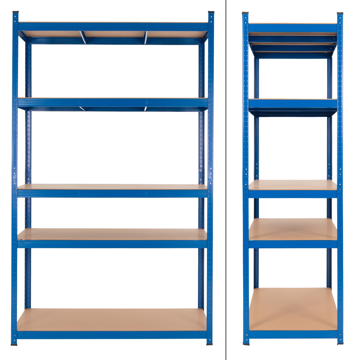 Zwei Ansichten eines blauen Regals mit vier Ablagen.