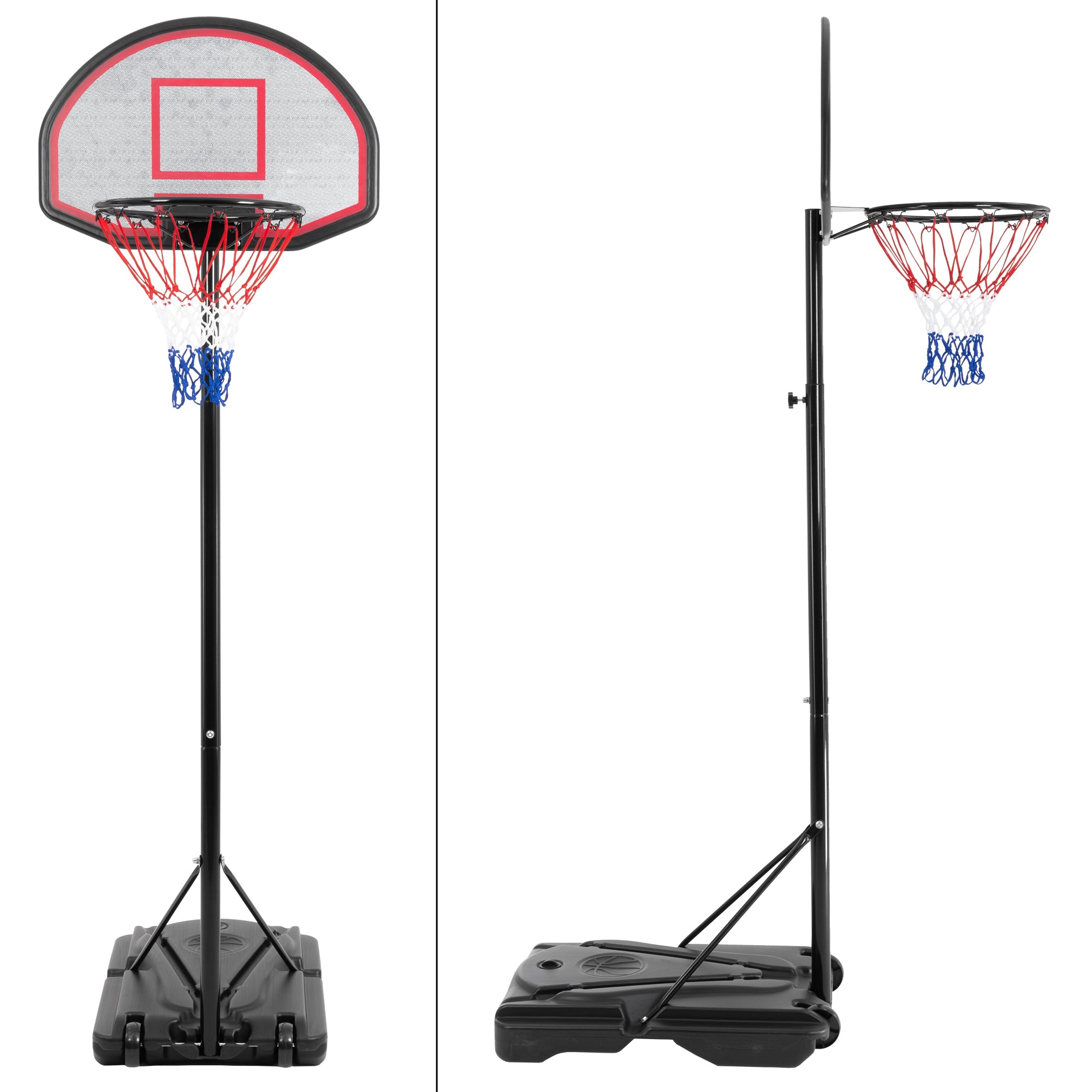 Basketball hoop from the front and side, with net and base.