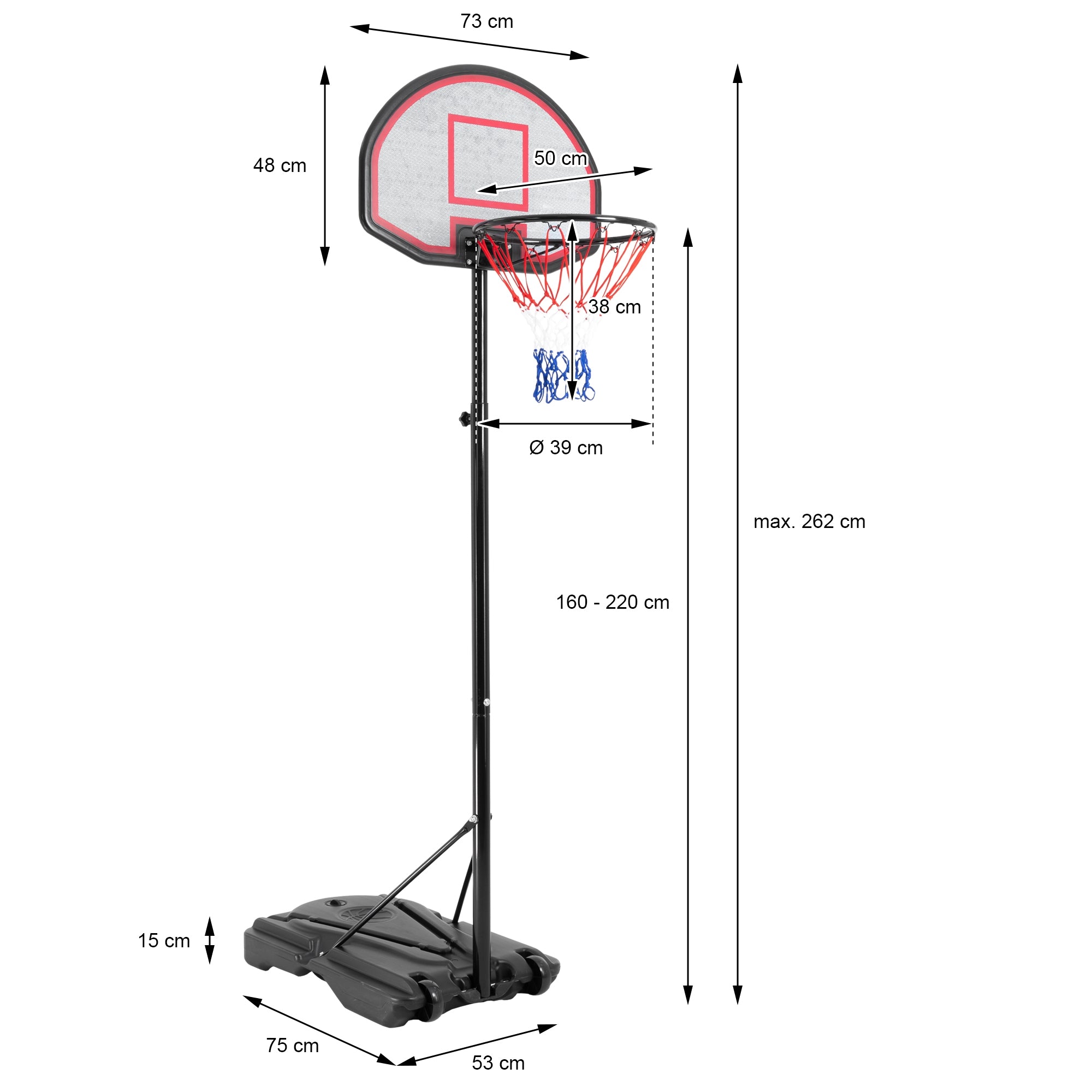 Basketball hoop with measurements and a sturdy base.