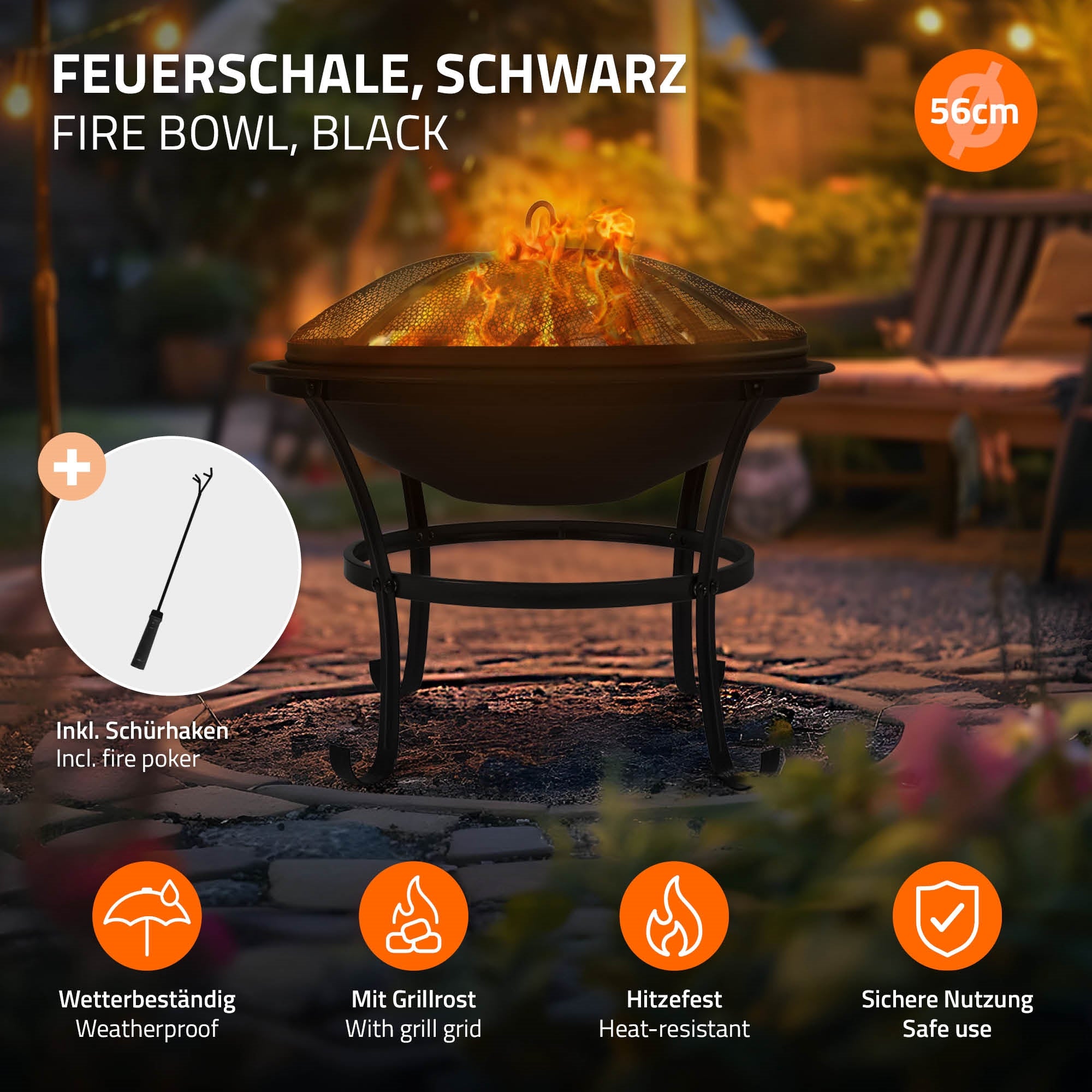 Schwarze Feuerschale mit Flammen, Grillrost und Schürhaken.