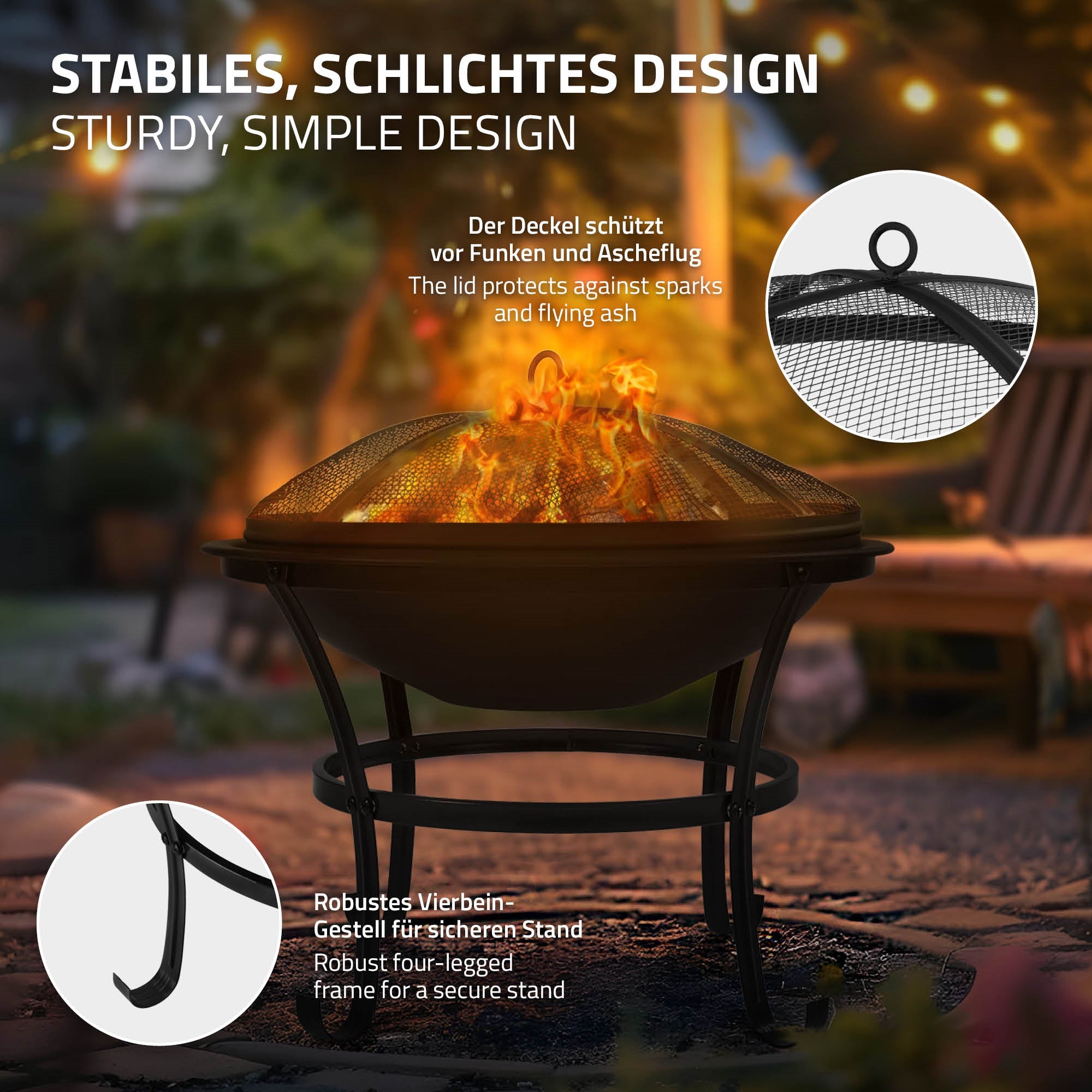 Ein Feuerkorb mit Deckel, der Funken und Asche schützt, auf einem stabilen Gestell.