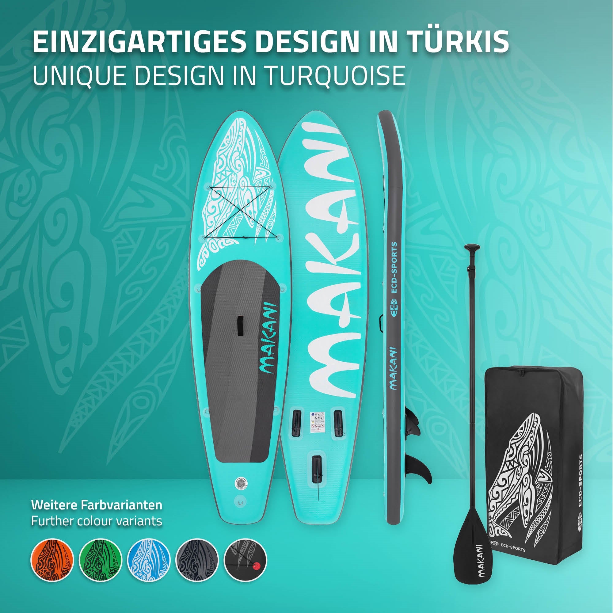 Stand-Up-Paddle-Board in Türkis mit verschiedenen Zubehörteilen.