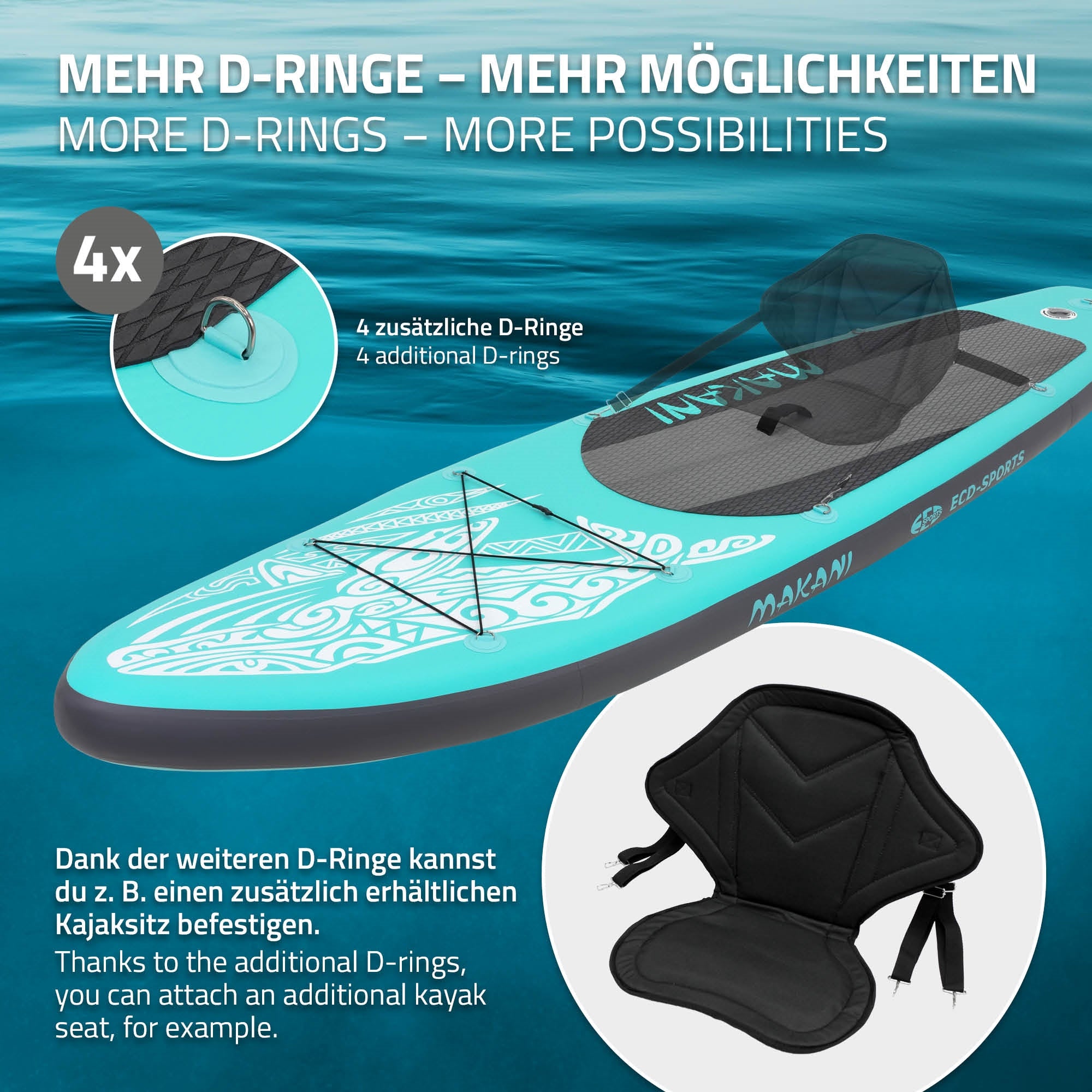 Stand Up Paddle Board in Türkis mit zusätzlichen D-Ringen und Sitzoption.