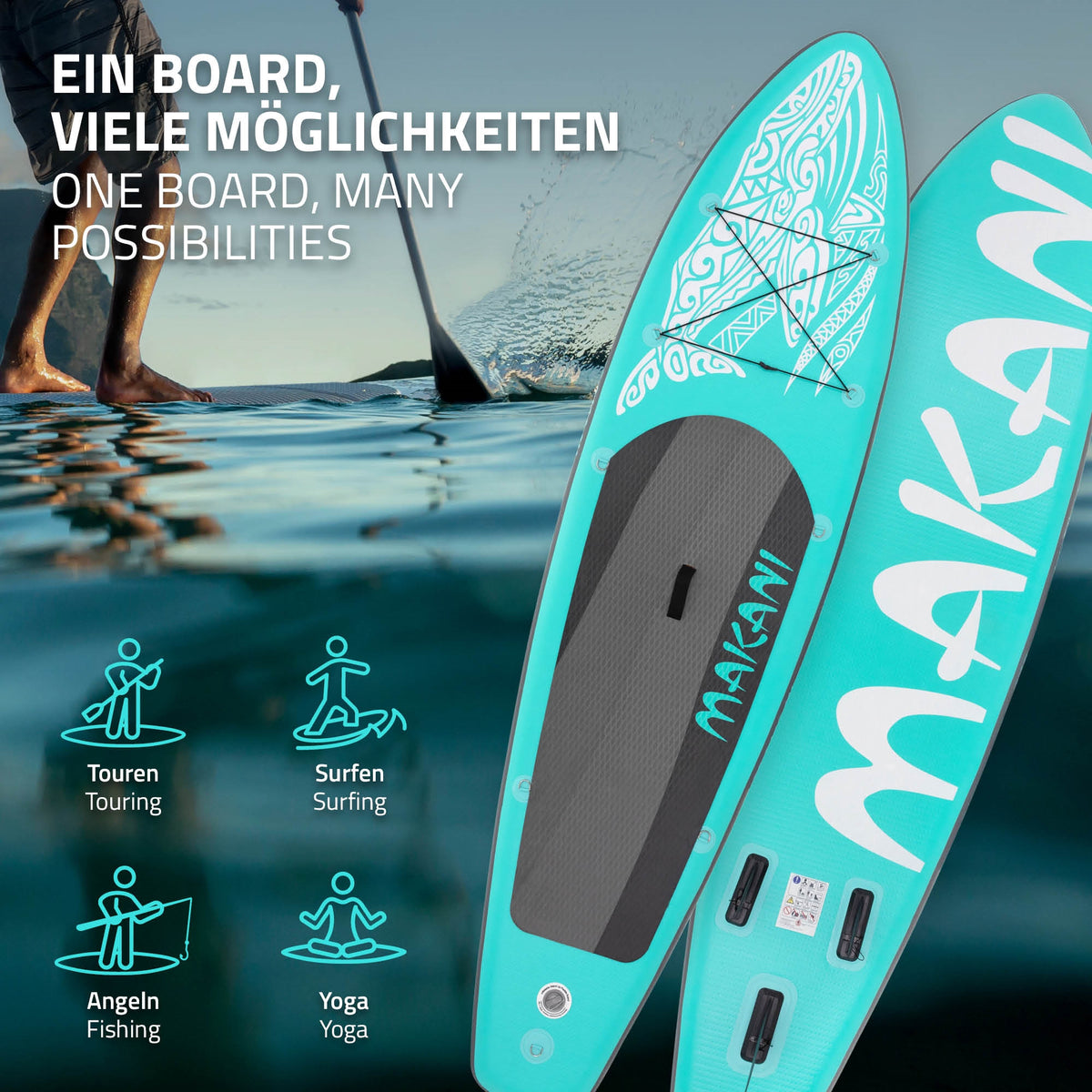 Stand-Up-Paddle-Board Makani in Wasser mit verschiedenen Nutzungsmöglichkeiten.