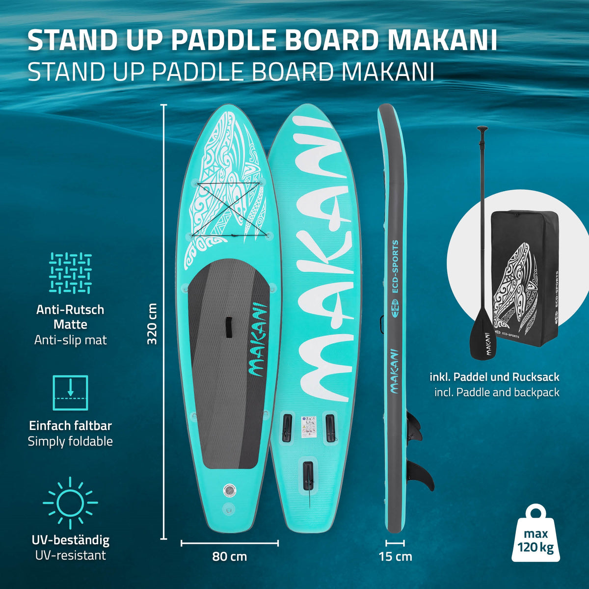 Grafik eines Stand Up Paddle Boards in blau mit Zubehör und technischen Details.