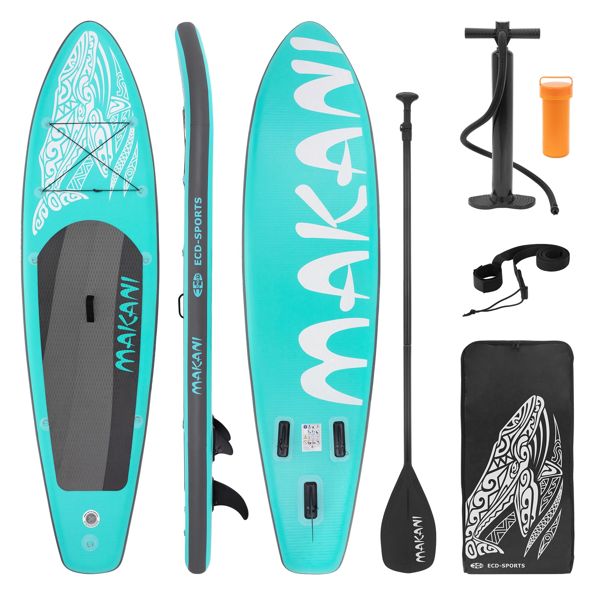 Ein aufblasbares Stand-Up-Paddle-Board in Türkis mit Zubehör wie Paddel und Pumpe.