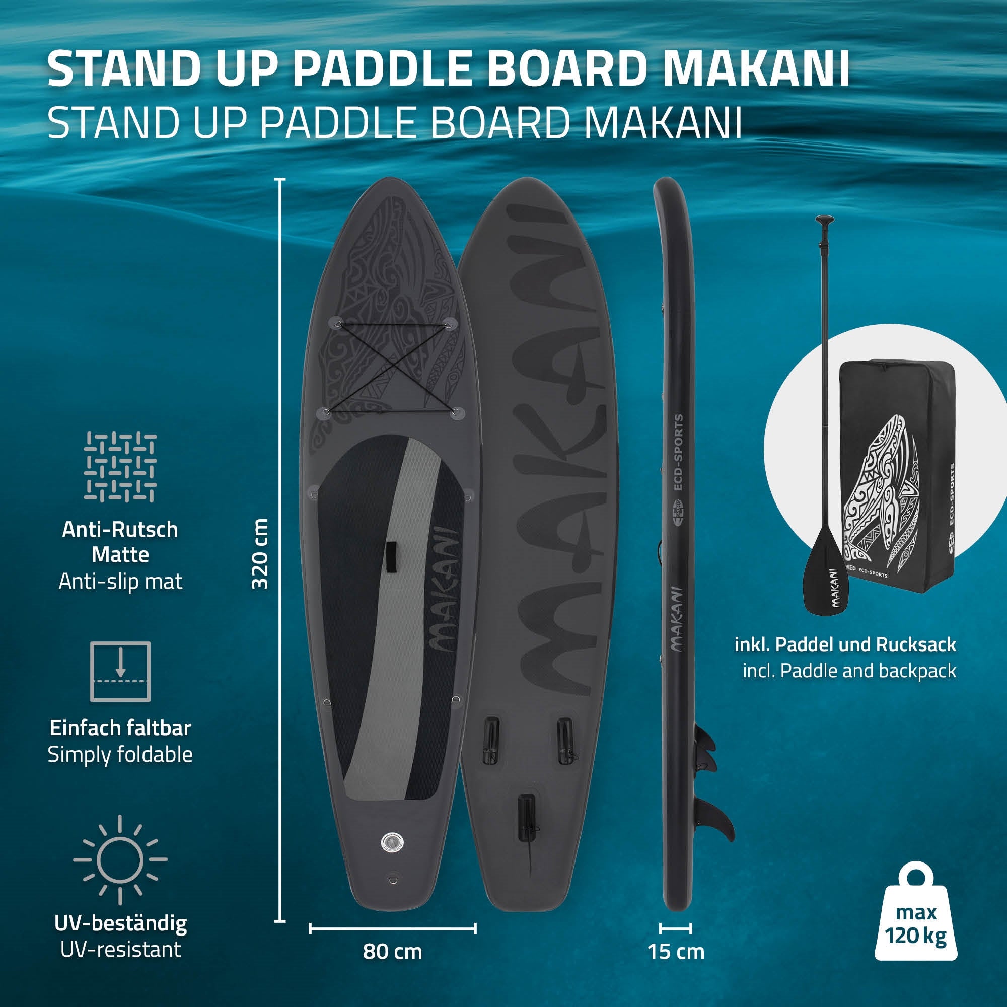 Stand-Up-Paddleboard Makani met vouwmechanisme en accessoires.