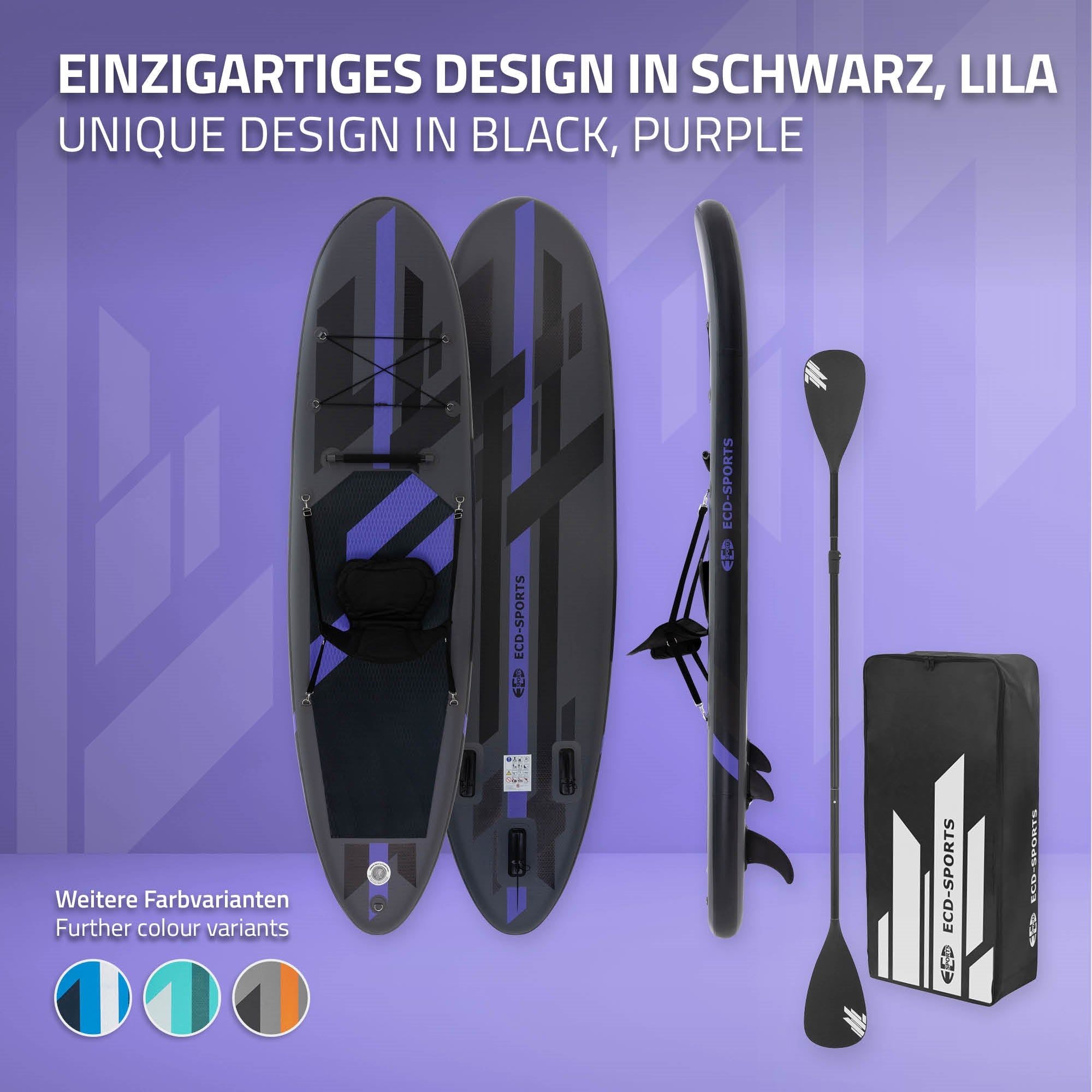 Stand Up Paddle Board v černé a fialové barvě s pádlem a taškou.