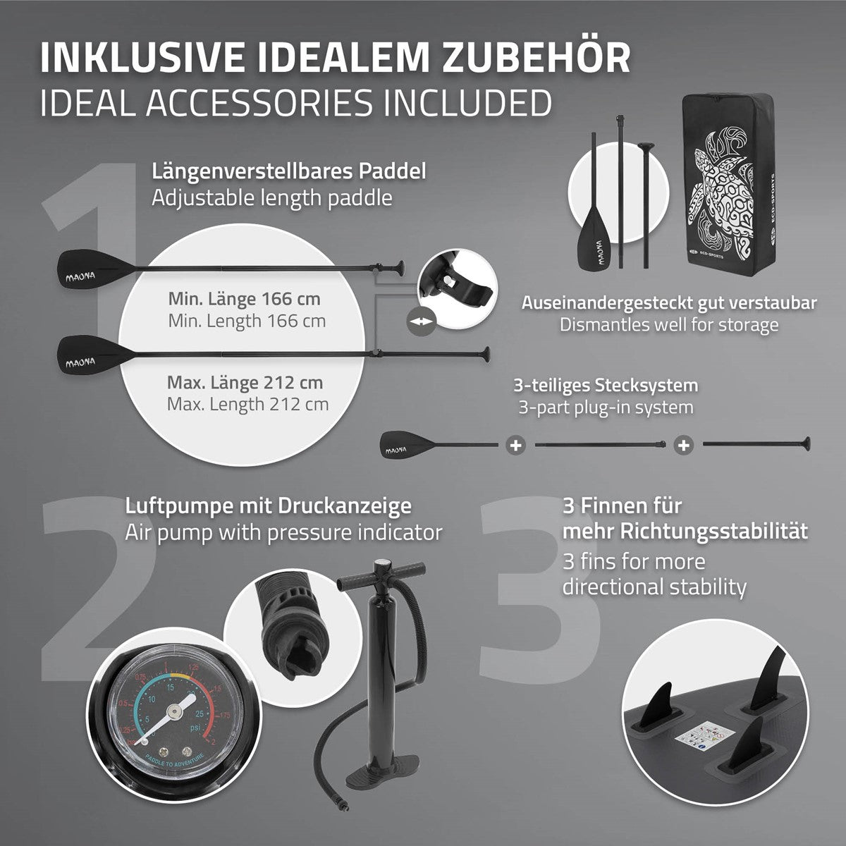 Accessoires pour paddleboard, notamment une pagaie et un indicateur de pression.