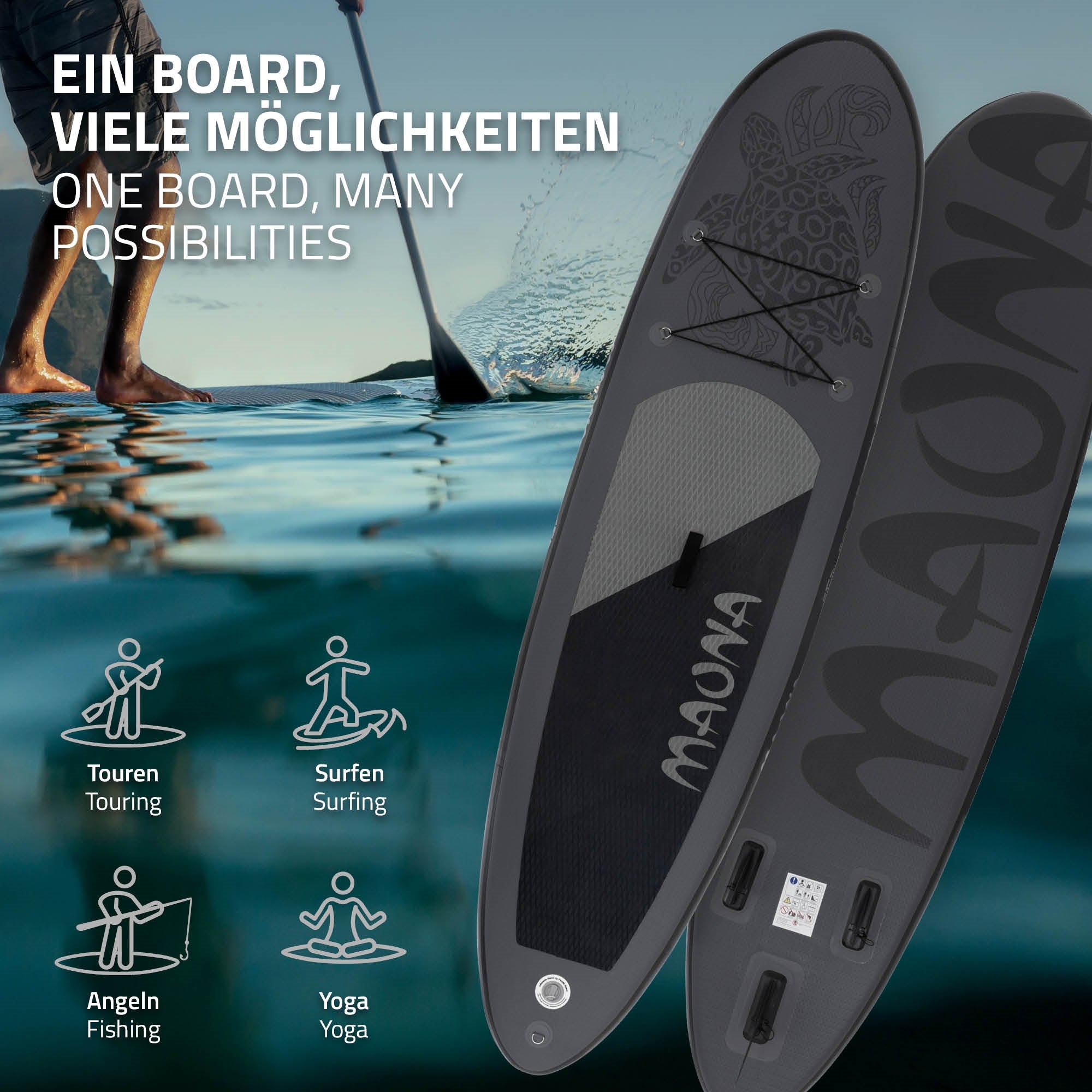 Musta Stand-Up-Paddle-Board vedessä eri käyttömahdollisuuksilla.