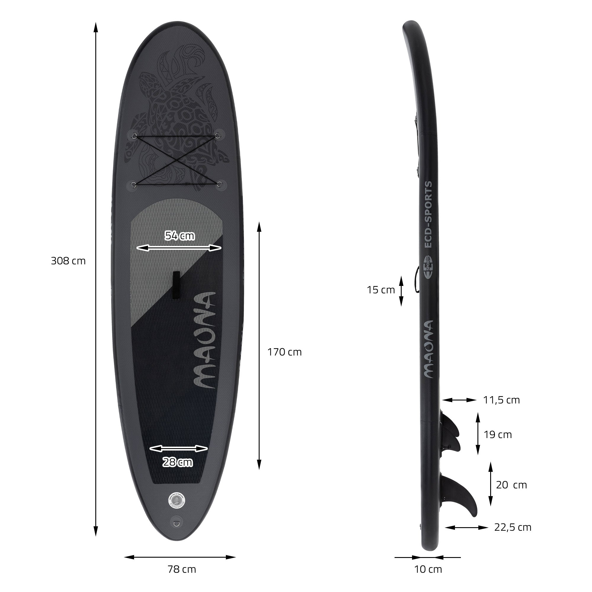 Sivuprofiili mustasta Stand-Up-Paddle-Boardista, jossa on mitat ja yksityiskohdat.