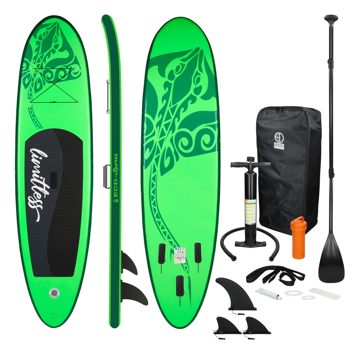 Green stand-up paddle board with accessories, paddle, and carrying bag.