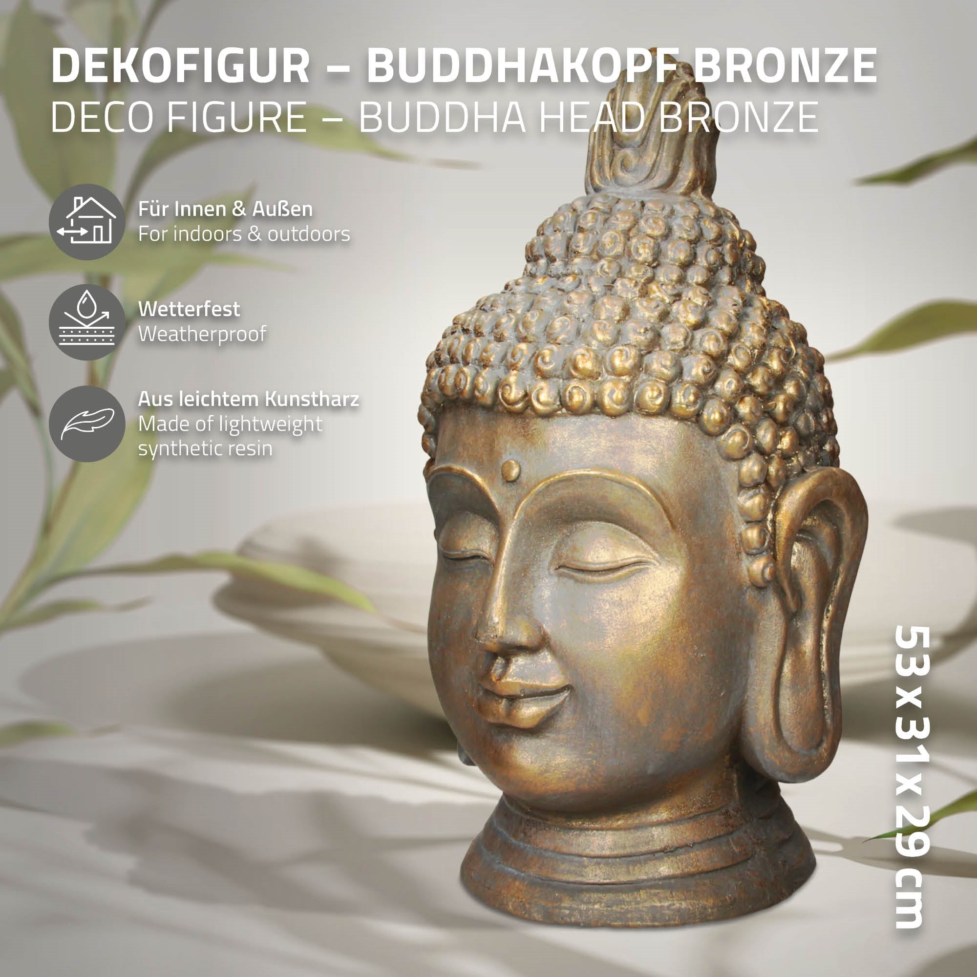 Buddha-Kopf aus Bronze mit Beschreibung und Abmessungen.