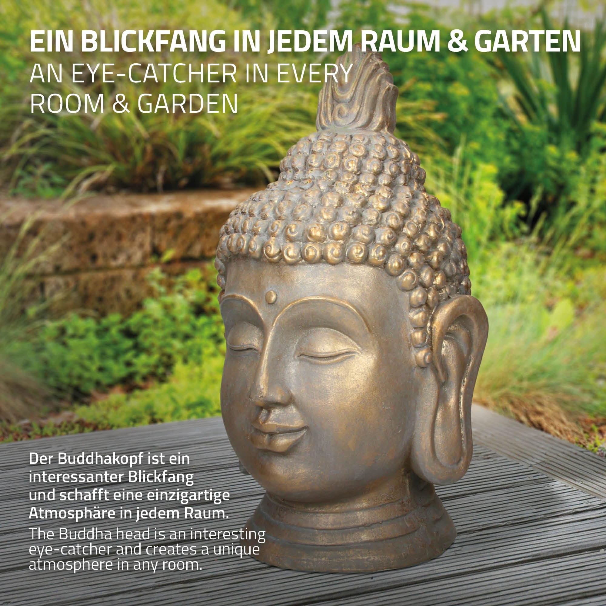Buddha-Kopf aus Bronze mit lächelndem Gesicht und detaillierter Frisur.