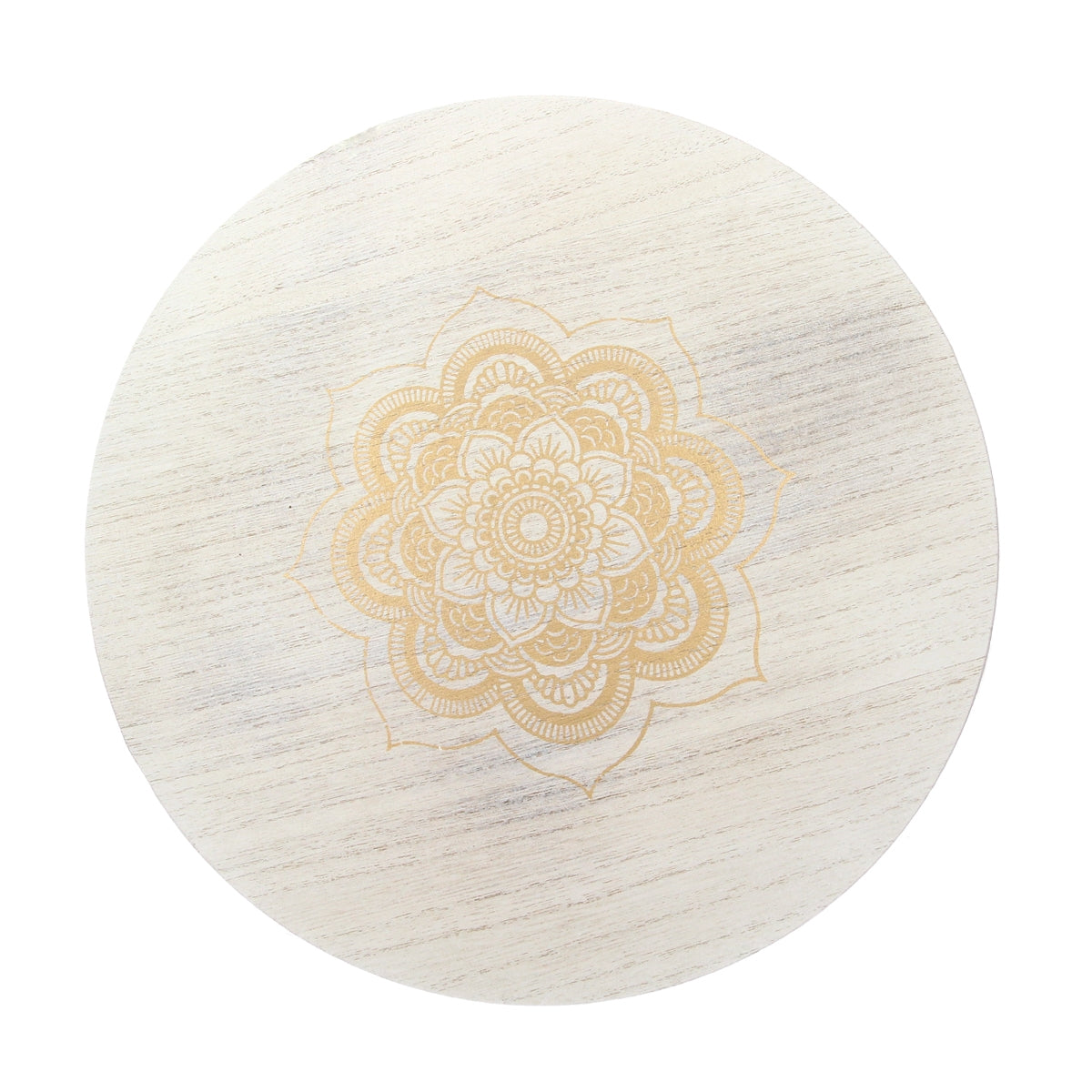 Obenansicht der weißen Tischplatte mit goldener Mandala-Dekoration.