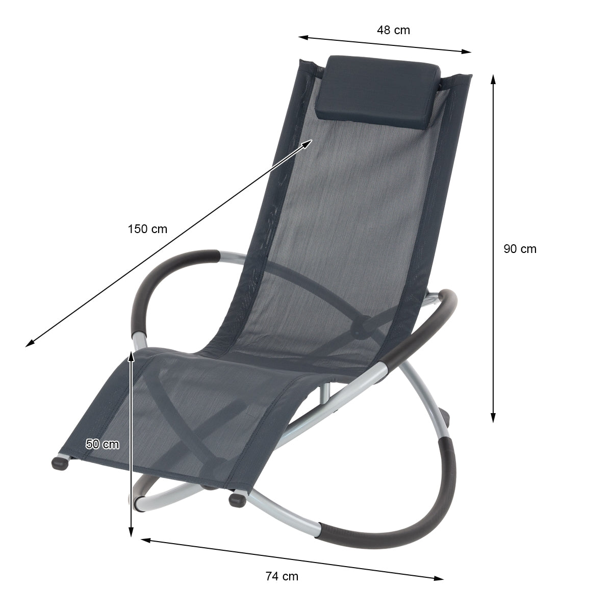 Lounge chair with measurements and dark fabric.