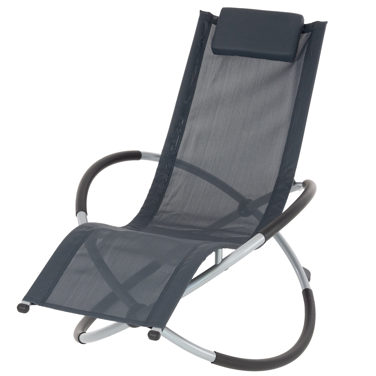 Dark lounge chair with headrest on a wooden terrace.