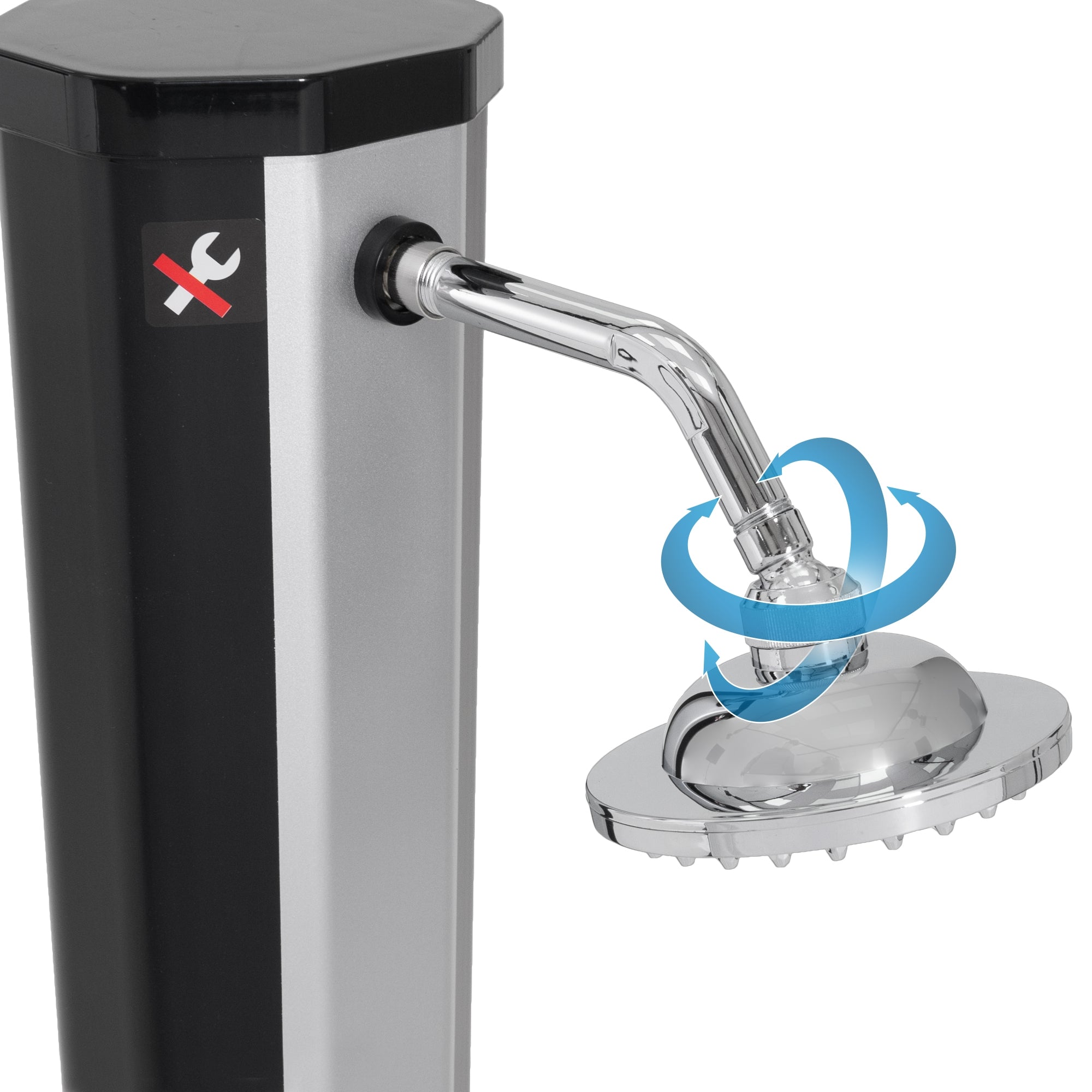 Duschkopf an einem silbernen Duschsäule mit einem Werkzeug-Symbol.