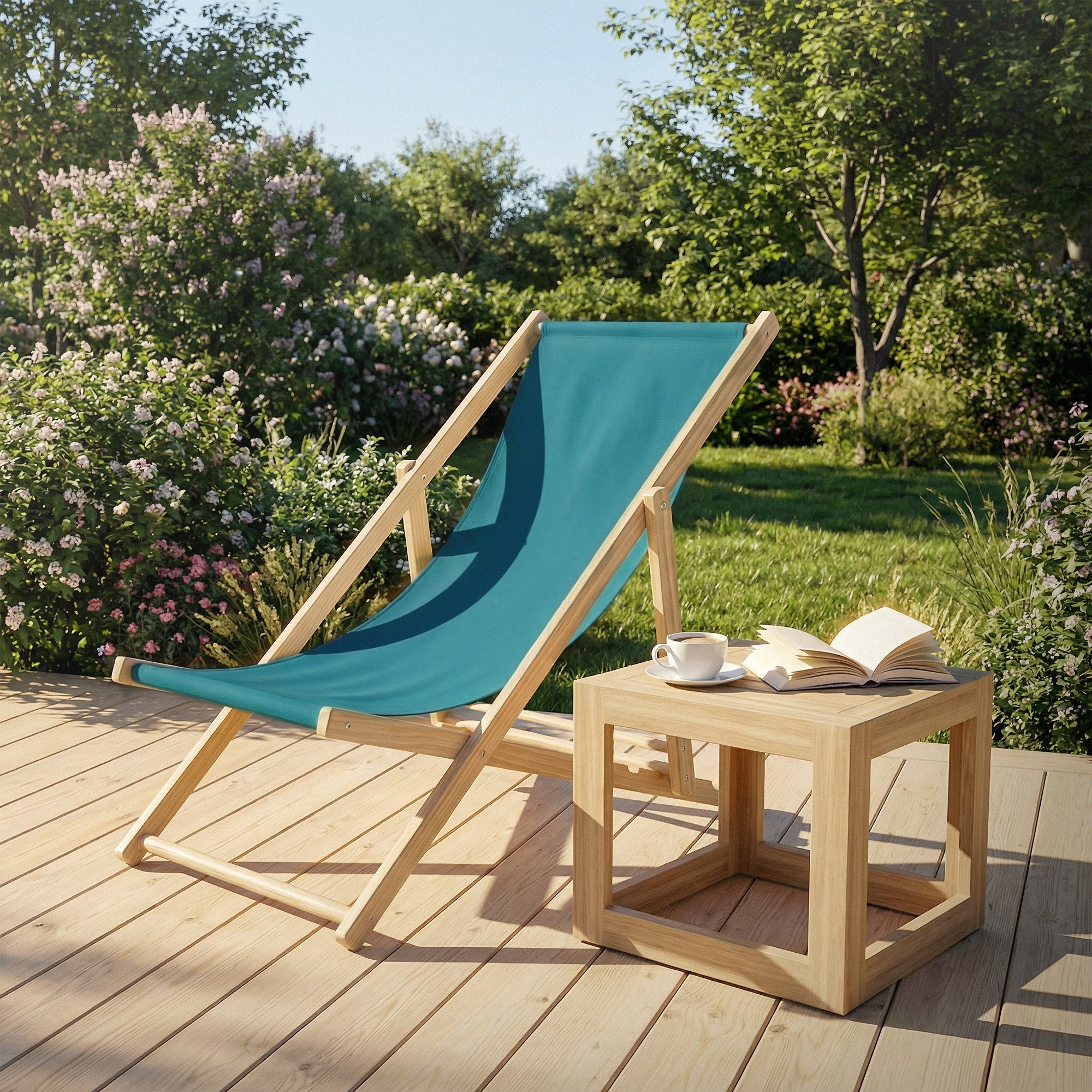 Strandliege auf einer Terrasse mit Blumen, Tisch, Buch und Tasse.