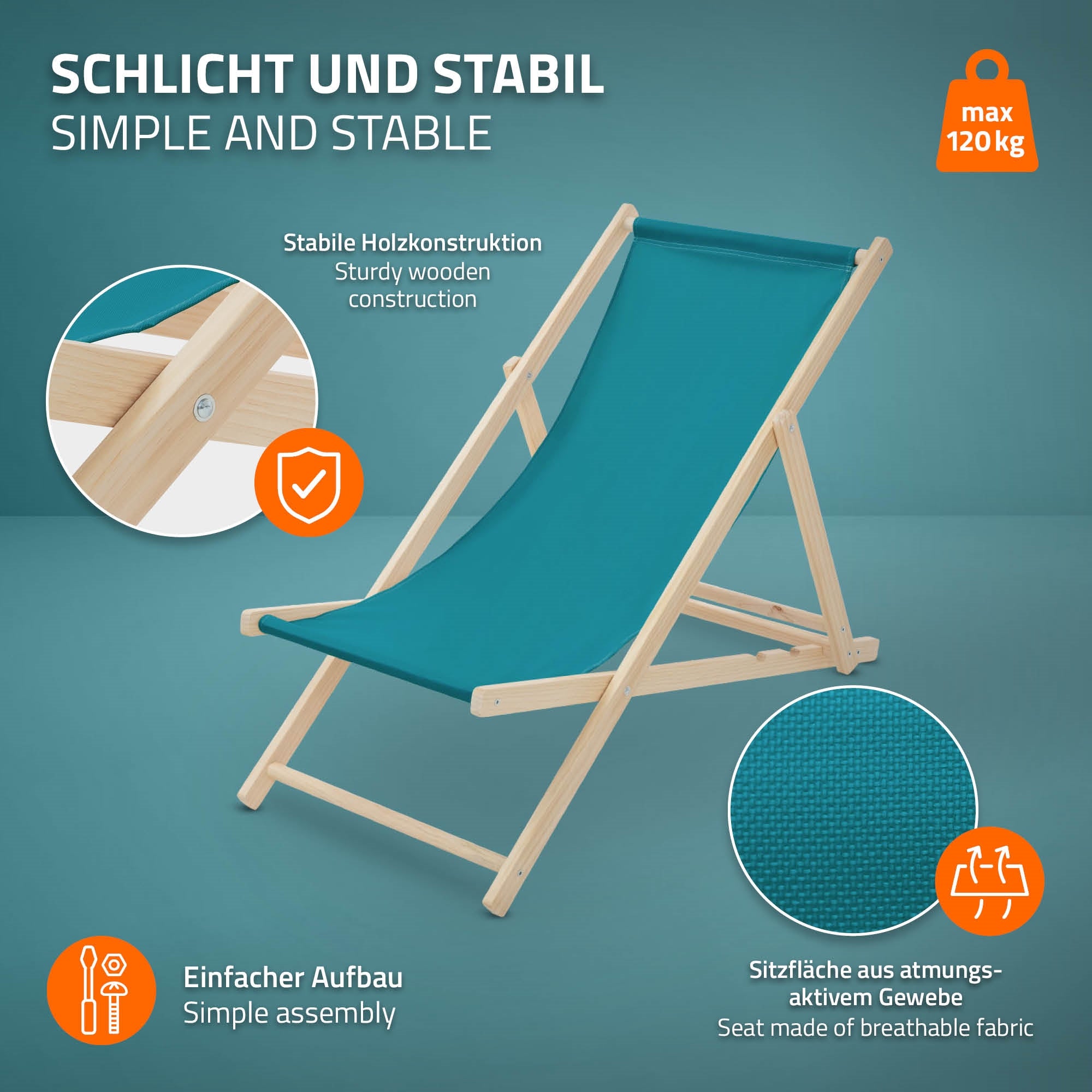 Liegestuhl mit stabiler Holzstruktur und atmungsaktivem Gewebe.