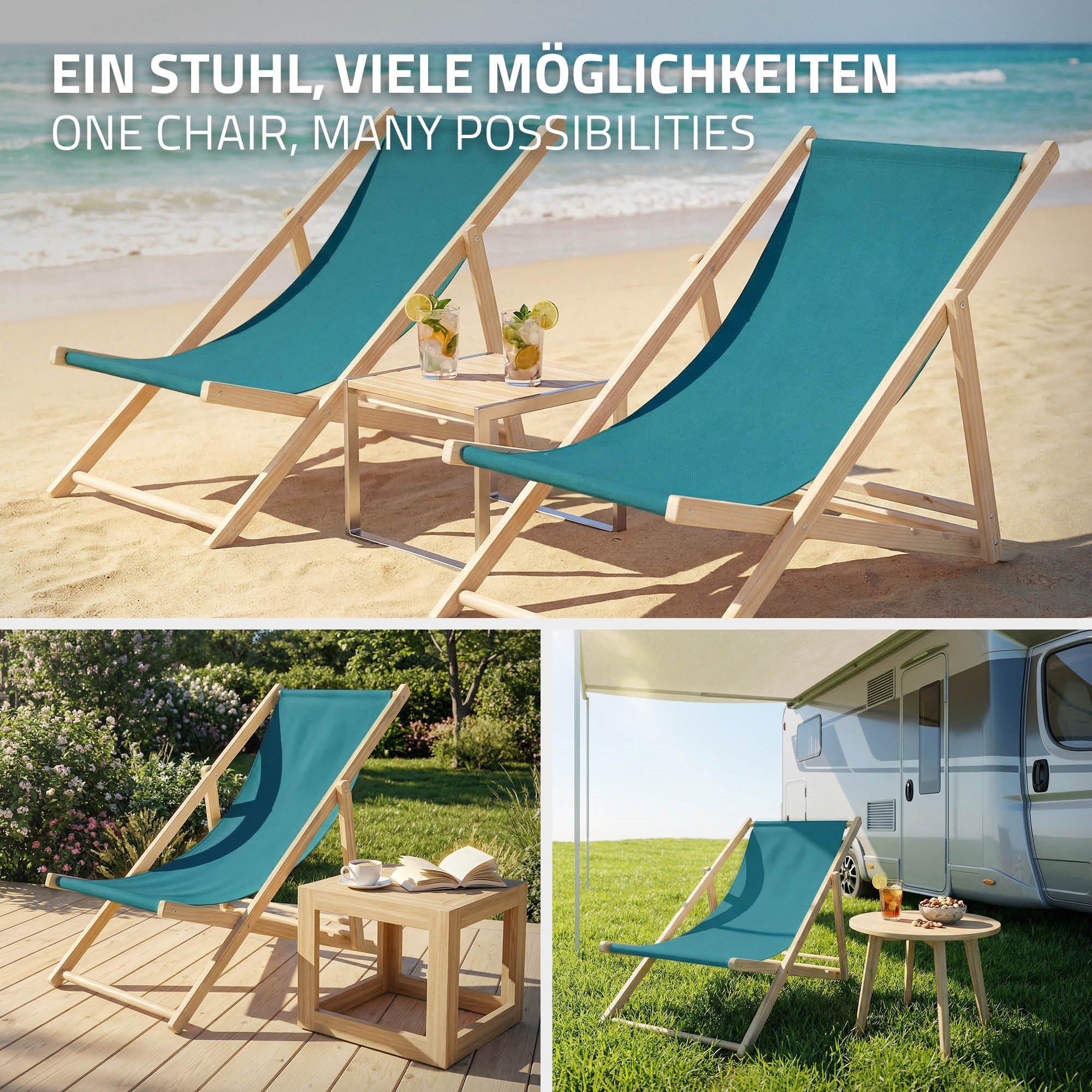 Drei Liegestühle am Strand mit Getränken auf einem Tisch.