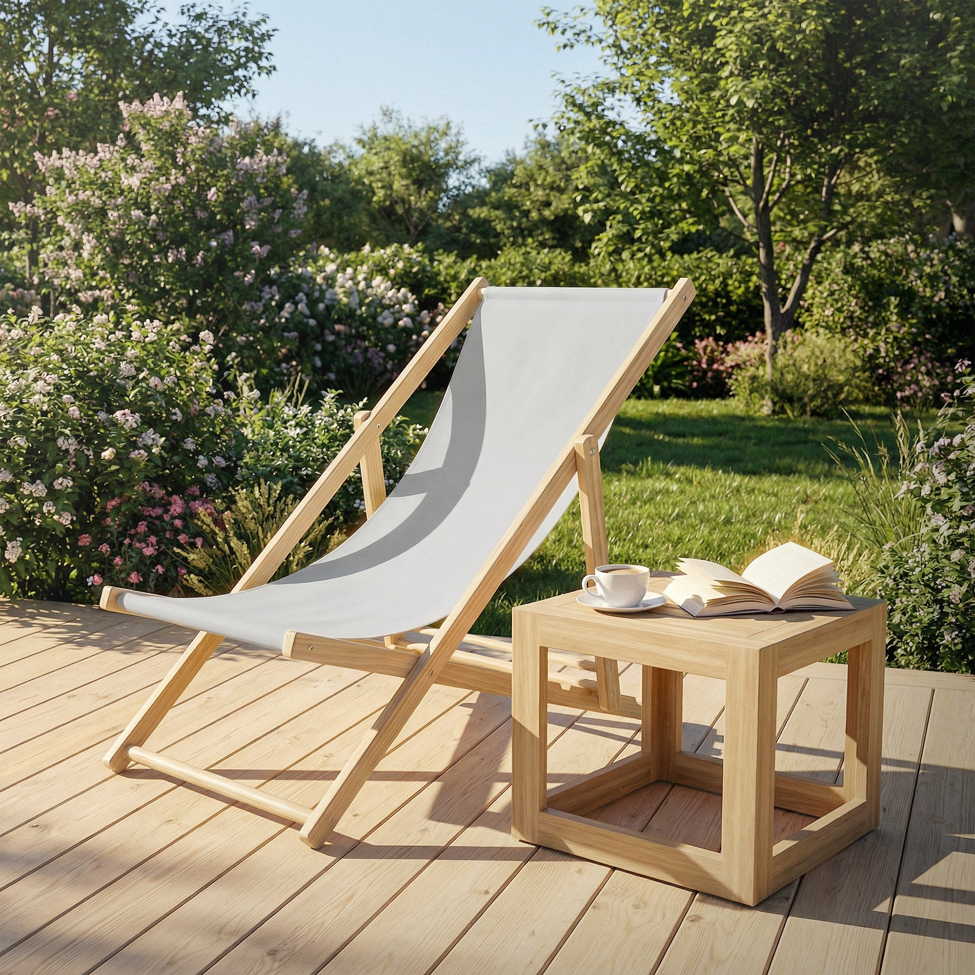 Ein Liegestuhl auf einer Terrasse mit einem Tisch und Pflanzen im Hintergrund.