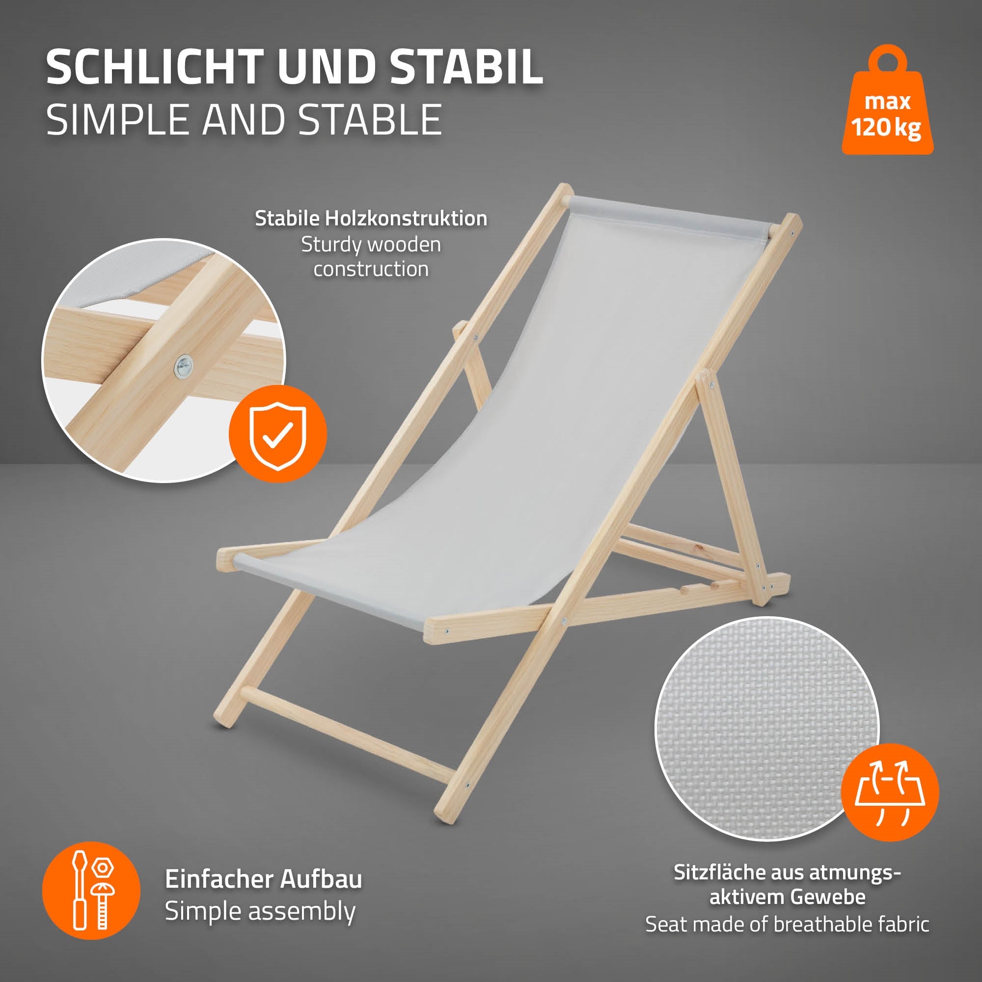 Holzliege mit grauem Stoff, stabil und einfach aufzubauen.