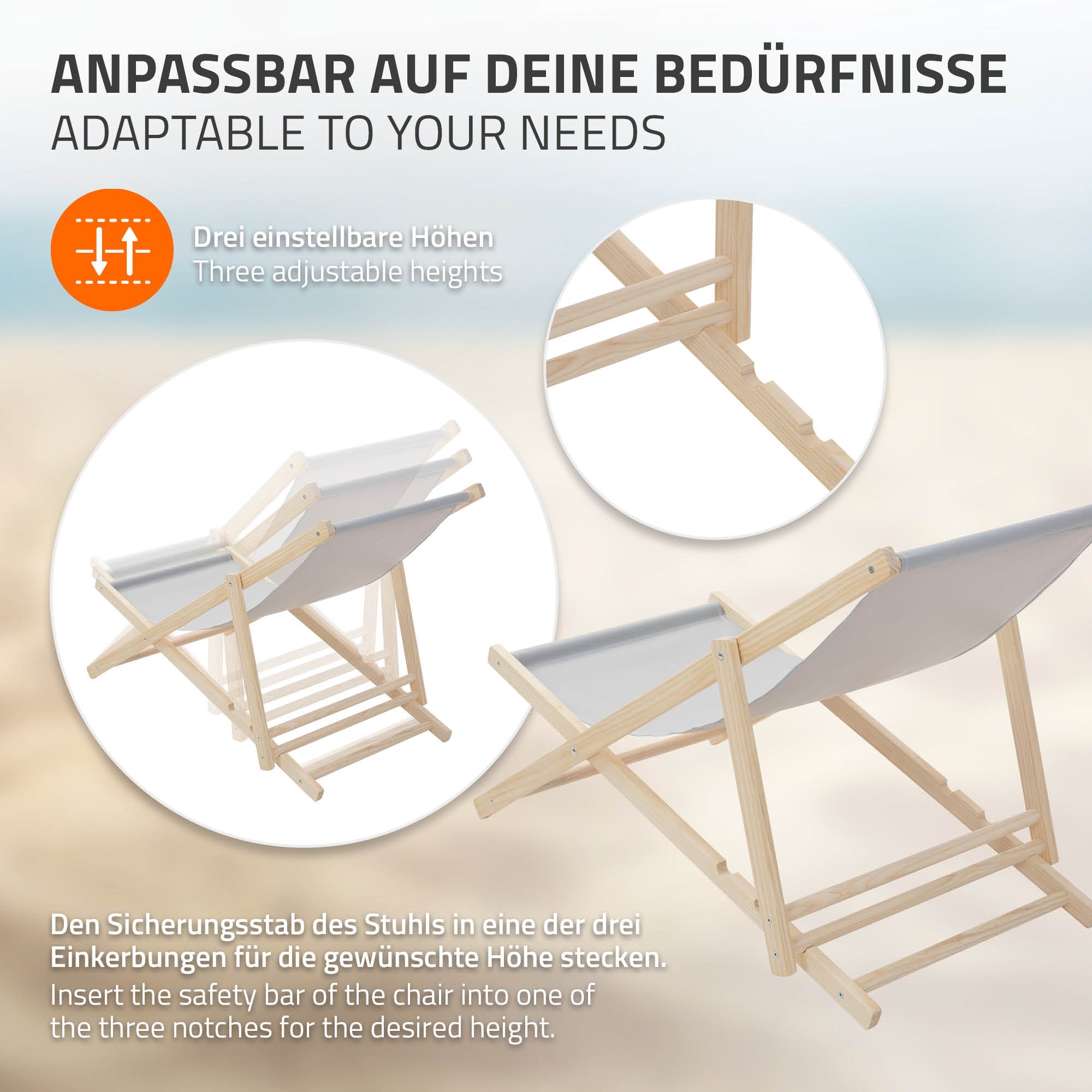 Ein verstellbarer Holzstuhl in drei Höhen mit Sicherheitsstab.